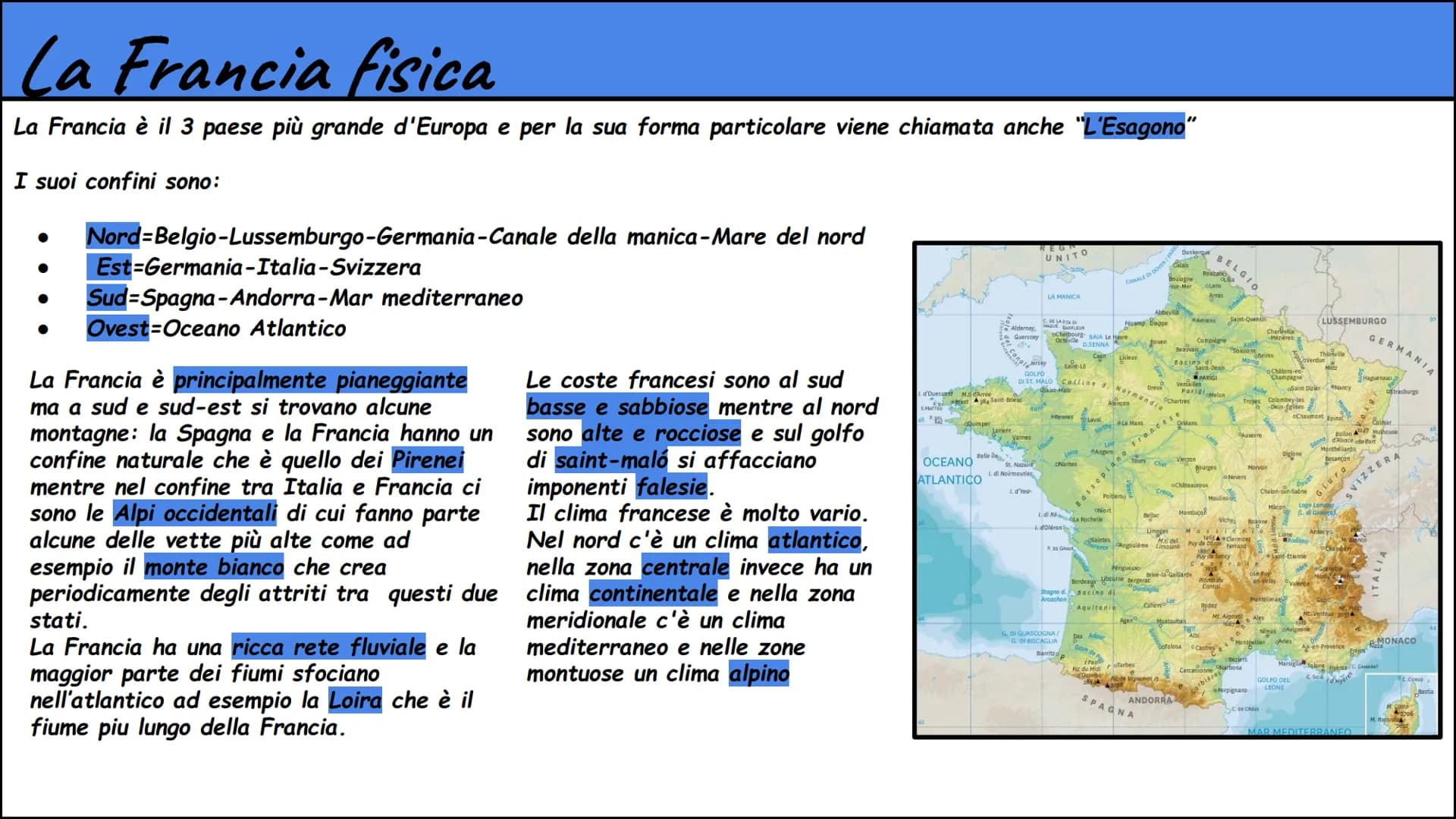 # La Francia
Rebecca D' Ambrosio # La Francia fisica
La Francia è il 3 paese più grande d'Europa e per la sua forma particolare viene chia
