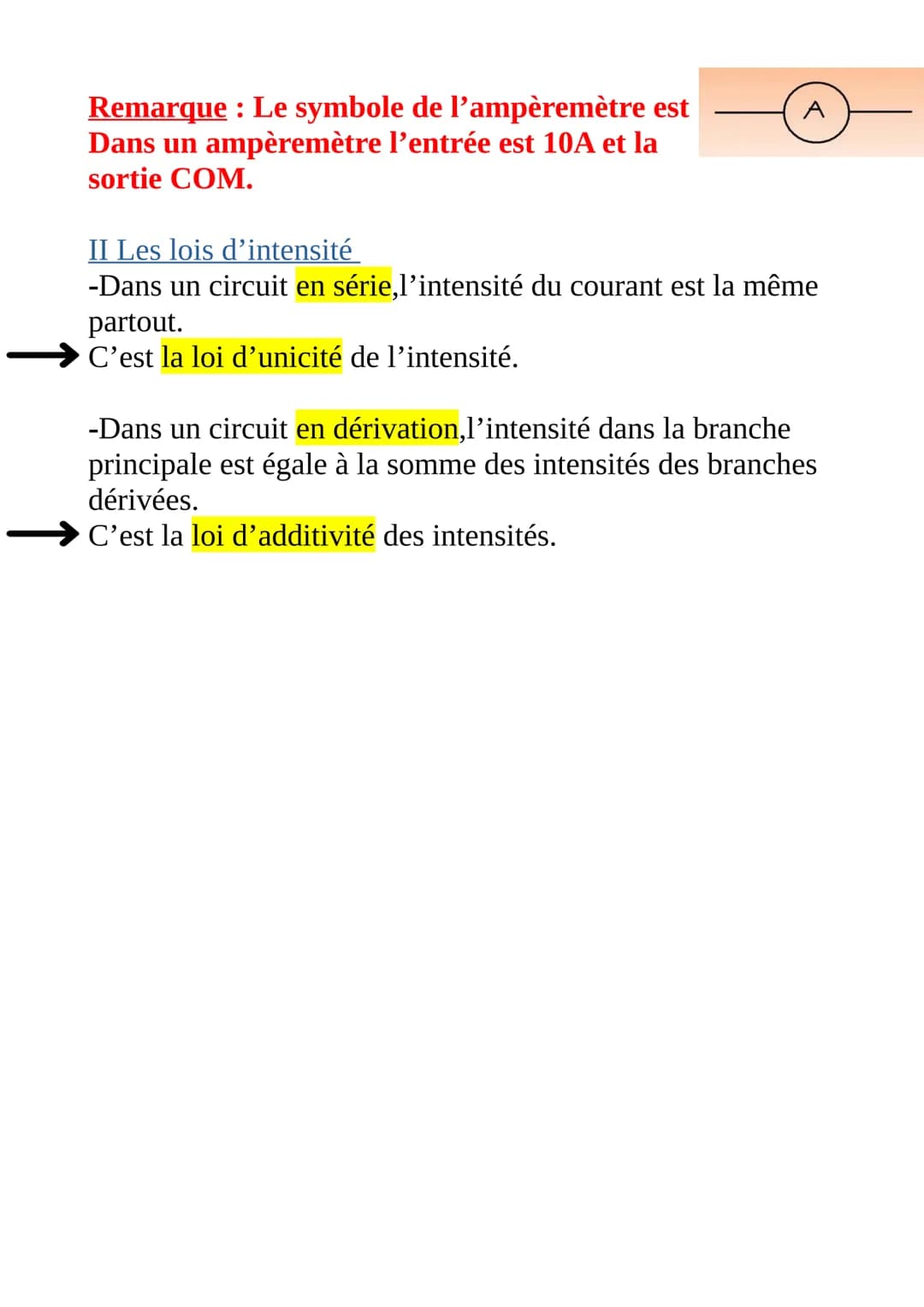 # L'intensite
1.Les rappels
I Les symboles
Fils électrique :
Interrupteur ouvert :
Le courant passe pas
Interrupteur fermé :
Le coura