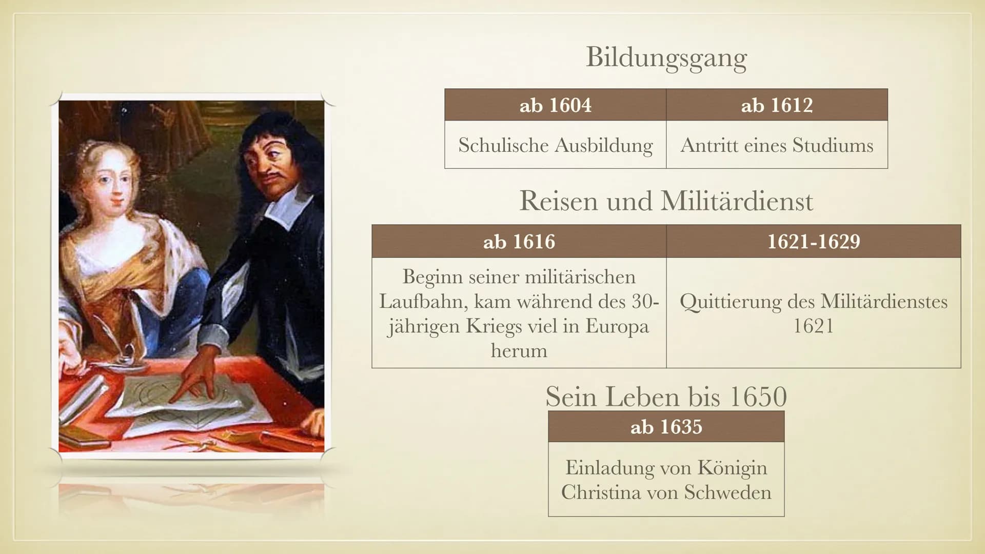 # RENÉ DESCARTES
„ICH DENKE, ALSO BIN ICH“
PHILOSOPHIE REFERAT
JULIA BACKHAUS GLIEDERUNG
- Biografie
- Lebenslauf
- Methodische Zweifel