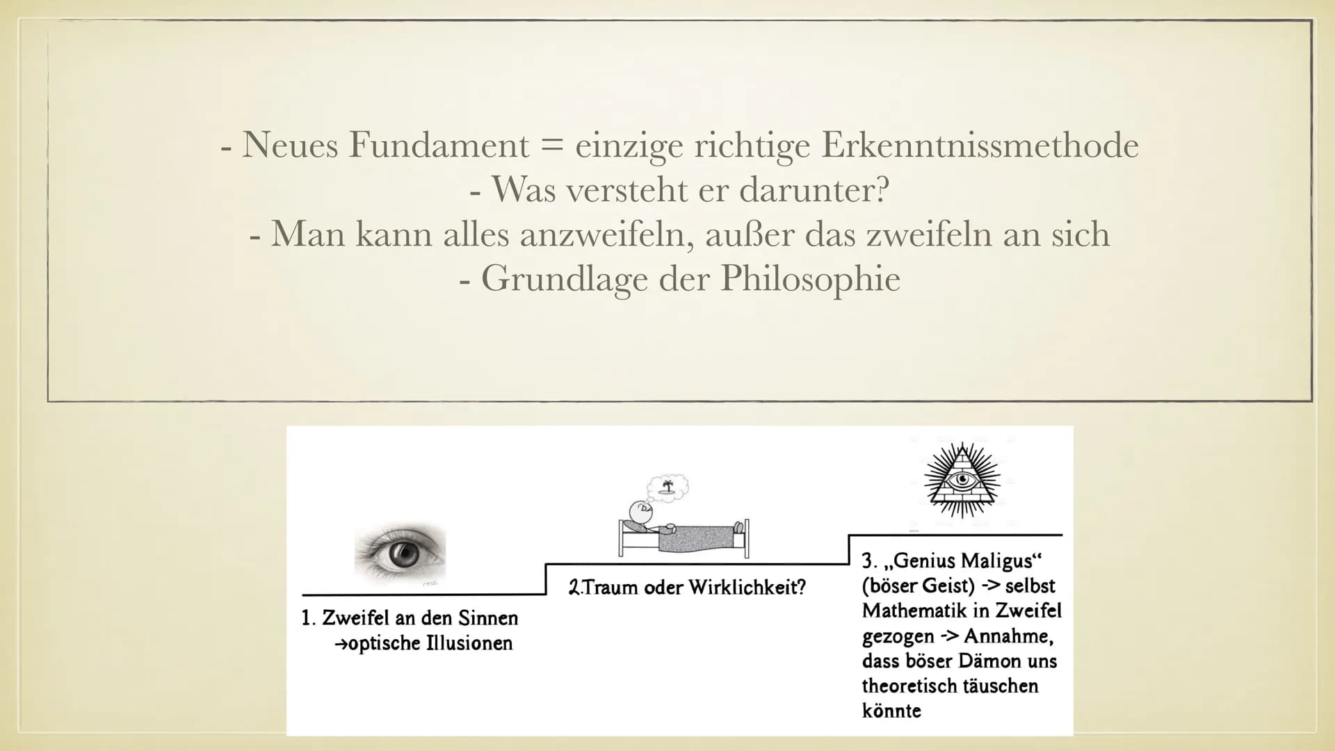 # RENÉ DESCARTES
„ICH DENKE, ALSO BIN ICH“
PHILOSOPHIE REFERAT
JULIA BACKHAUS GLIEDERUNG
- Biografie
- Lebenslauf
- Methodische Zweifel