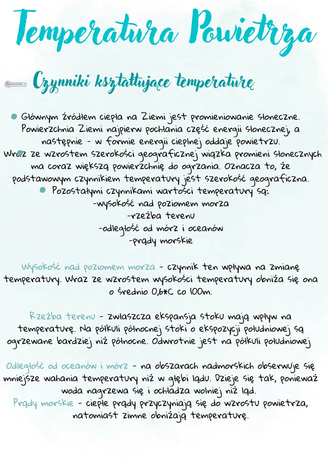 # Temperatura Powietrza
## Czynniki kształtujące temperature
* Głównym źródłem ciepła na Ziemi jest promieniowanie słoneczne.
Powierzchn