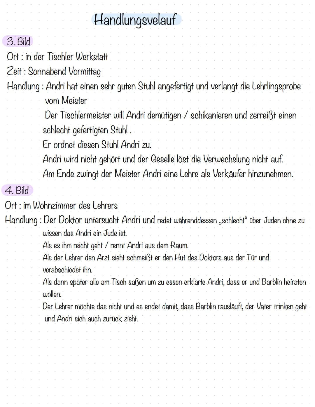# Handlungsvelauf
## 1. Bild
Ort: Dorfplatz Andorra
Zeit: später Nachmittag / kurz vorm Abend
Handlung: Barblin weißelt ihr Elternhaus,