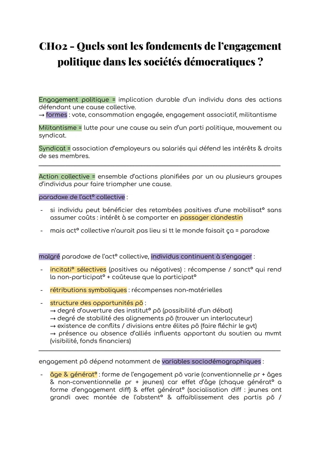 # CH02 - Quels sont les fondements de l'engagement
politique dans les sociétés démocratiques?
Engagement politique implication durable d'un
