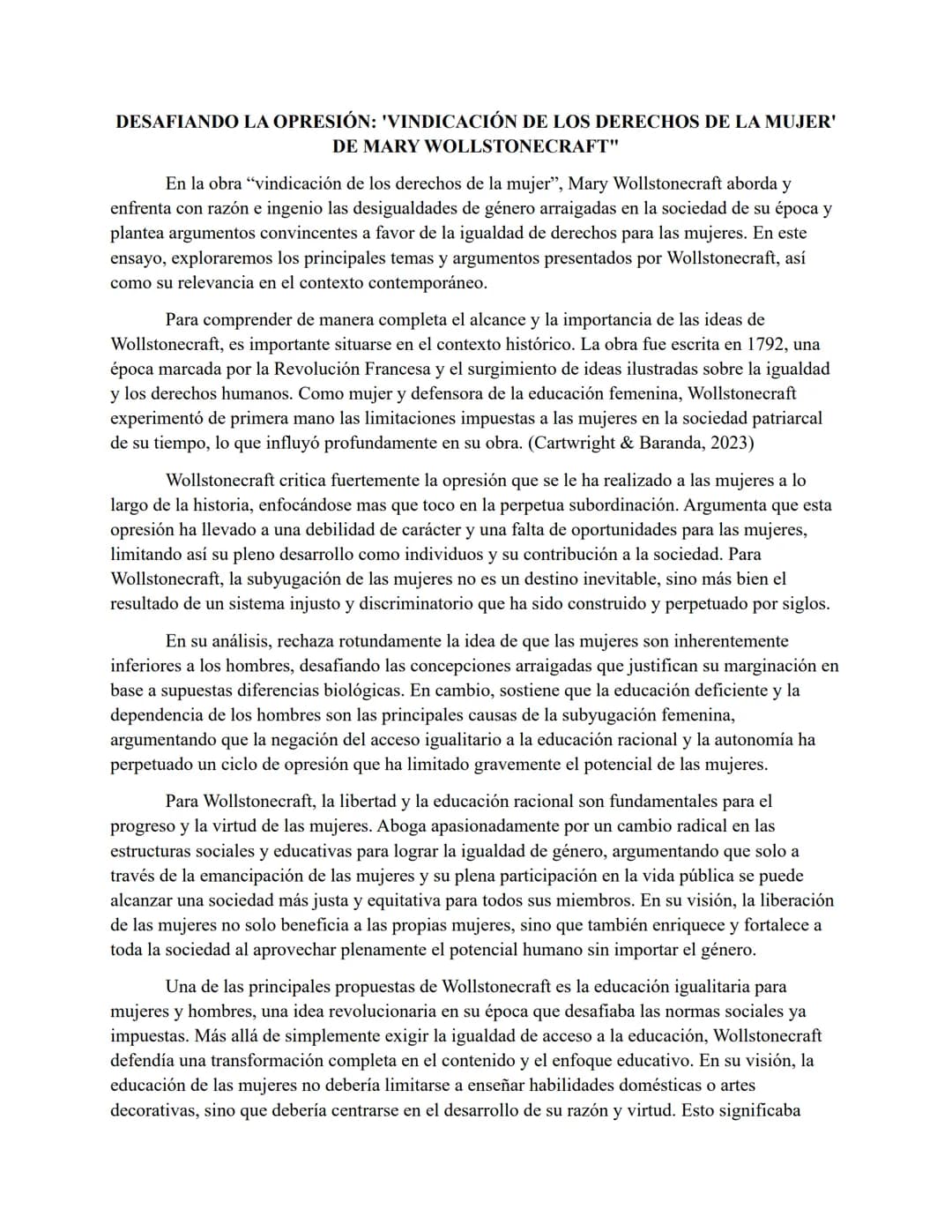 # DESAFIANDO LA OPRESIÓN: 'VINDICACIÓN DE LOS DERECHOS DE LA MUJER'
DE MARY WOLLSTONECRAFT"
En la obra "vindicación de los derechos de la m