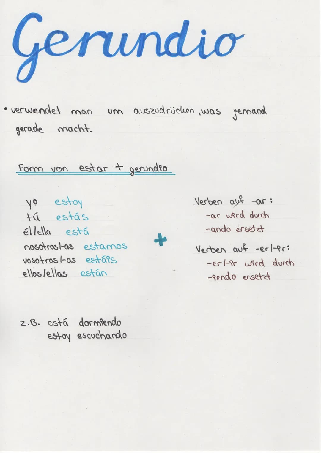 # Gerundio
• verwendet man um auszudrücken, was jemand
gerade macht.
Form von estar + gerundio
yo estoy
tú estás
éllella está
nosotrast-a