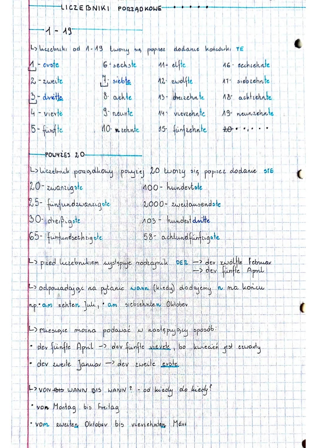 LICZEBNIKI PORZĄDKOWE
-1-19-
L liczebniki od 1-19 tworzy się papirer dodanie końcówki TE
-cvote
6-sechste
11- elfte
16-occhichnte
2-zweit