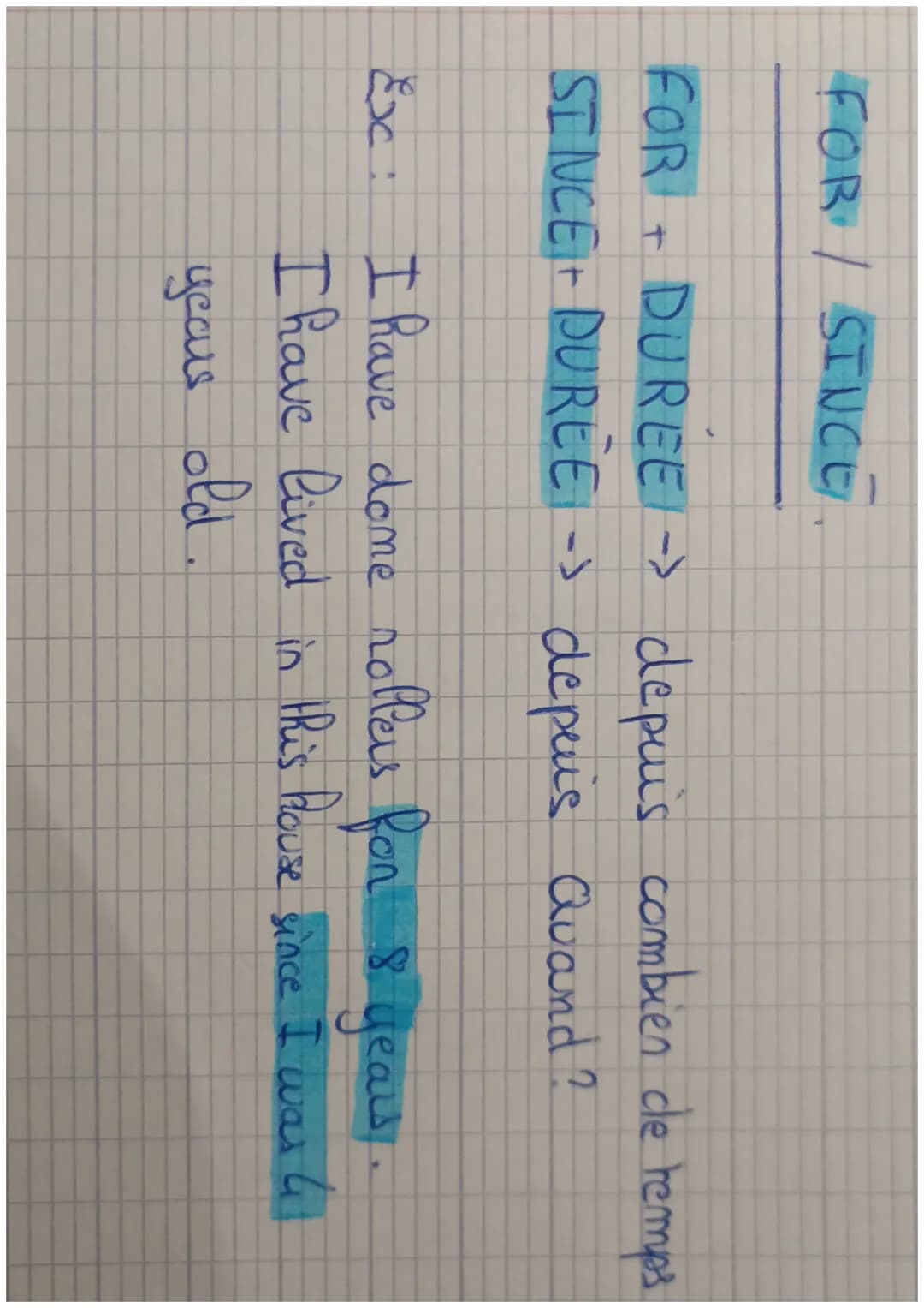 FOR SINCE.
FOR + DUREE depuis combien le temps
SINCE + DUREE -> depuis Quand ?
Ex: I have dome nollers for 8 years.
I have lived in this