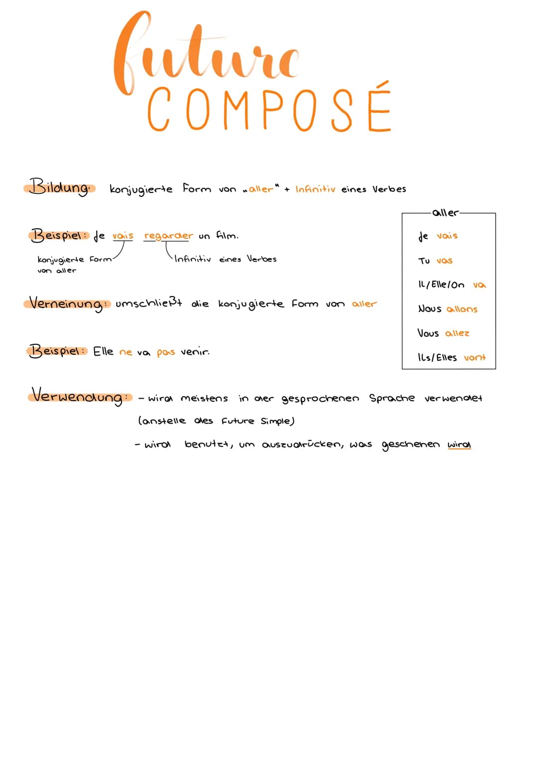 # future
COMPOSÉ
Bildung konjugierte Form von waller" + Infinitiv eines Verbes
Beispiel de vais regarder un film.
konjugierte Form
von al