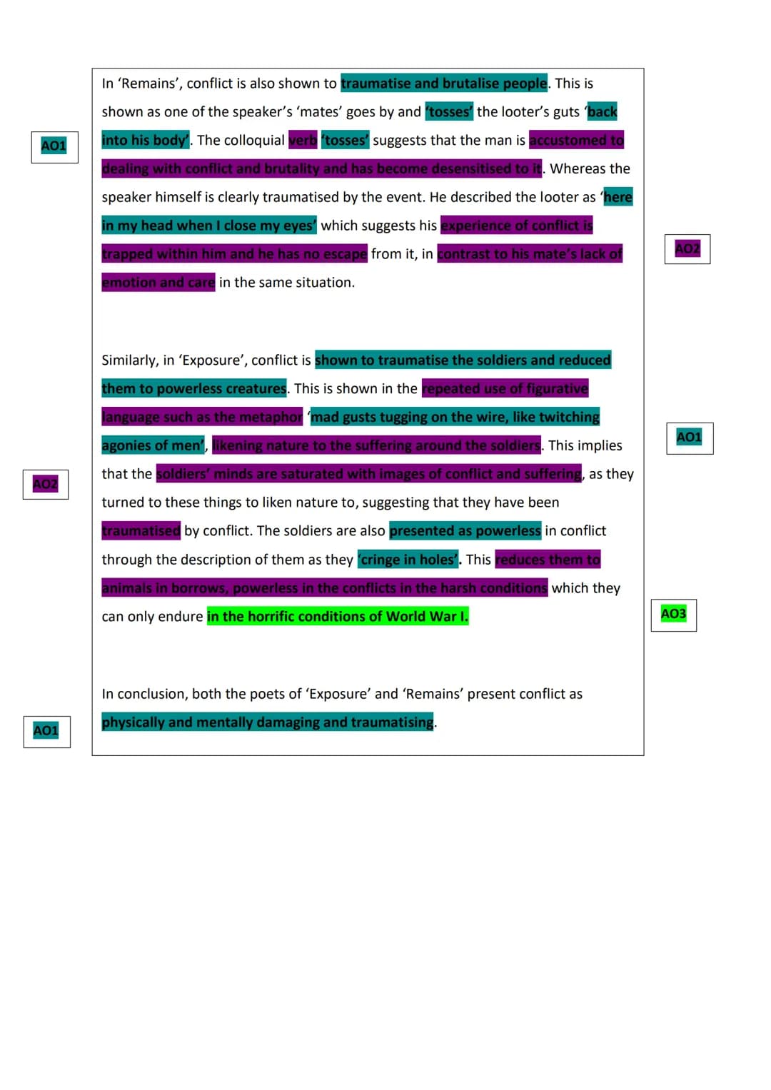 How do poets present the effects of conflict in 'Remains' by Simon Armitage and one other poem in
the anthology? (Exposure and Remains)
Bot