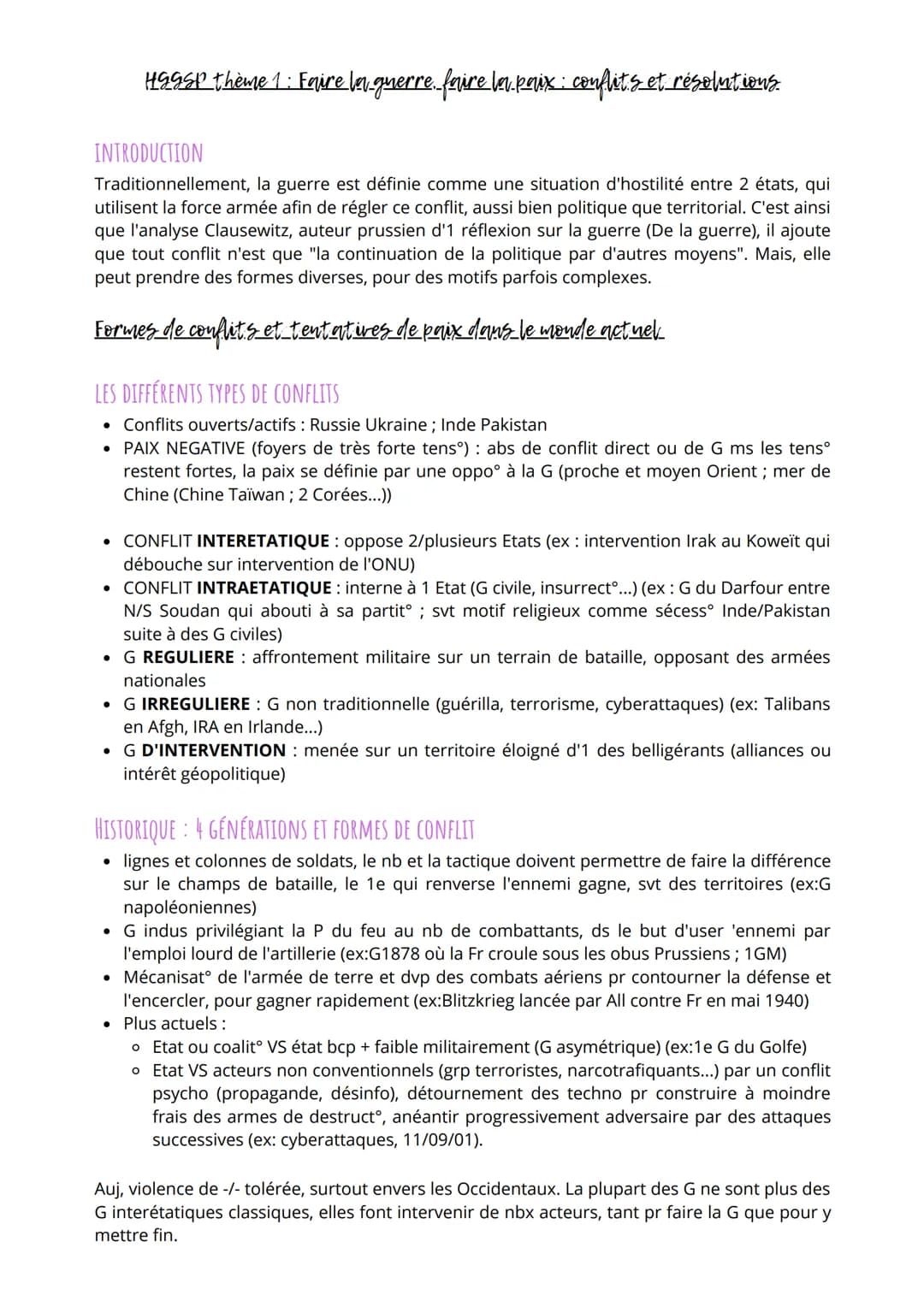 # HESSP theme 1: Faire la guerre faire la paix conflits et résolutions.
INTRODUCTION
Traditionnellement, la guerre est définie comme une si