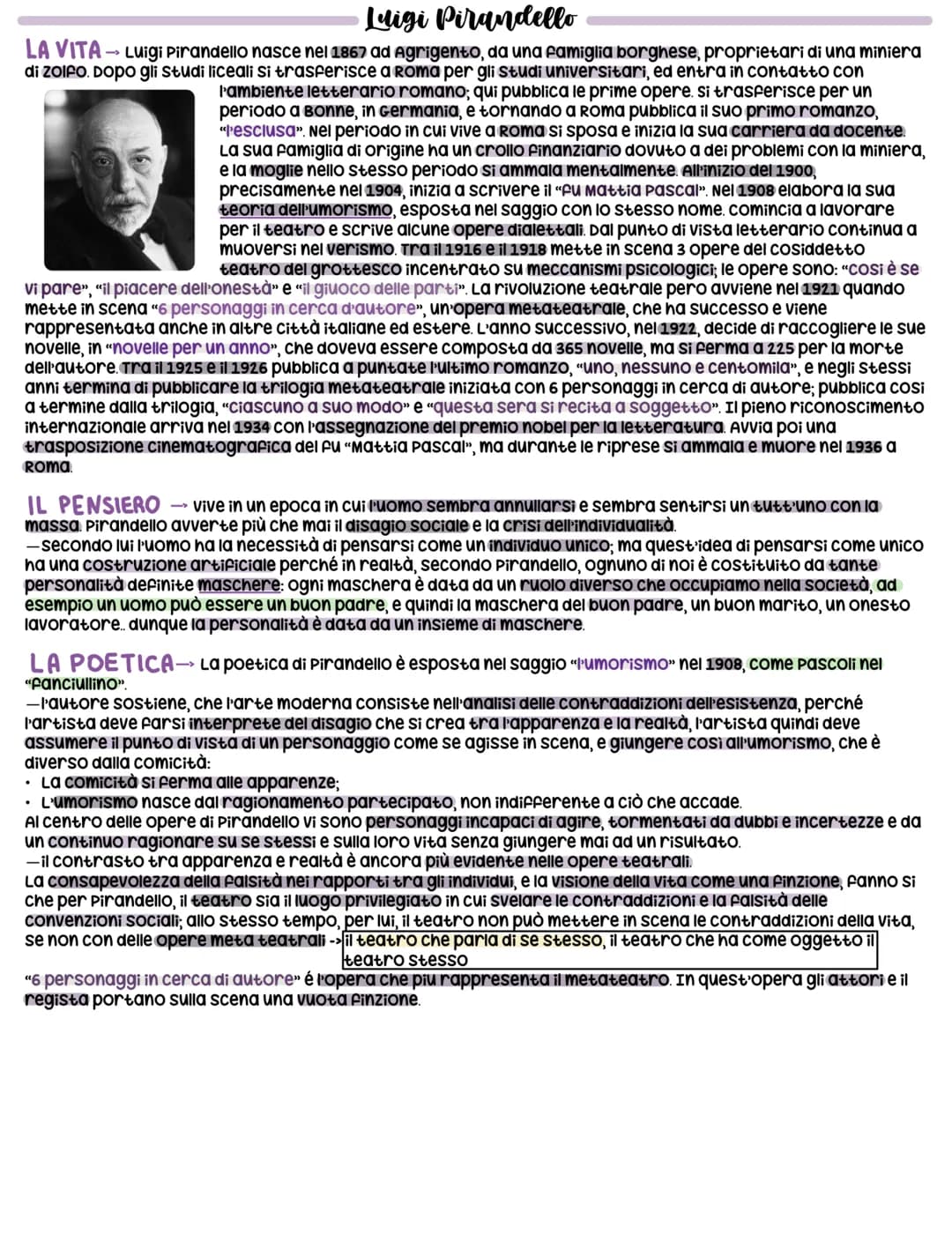 # Luigi Pirandello
LA VITA Luigi Pirandello nasce nel 1867 ad Agrigento, da una famiglia borghese, proprietari di una miniera
di zolfo. Dop