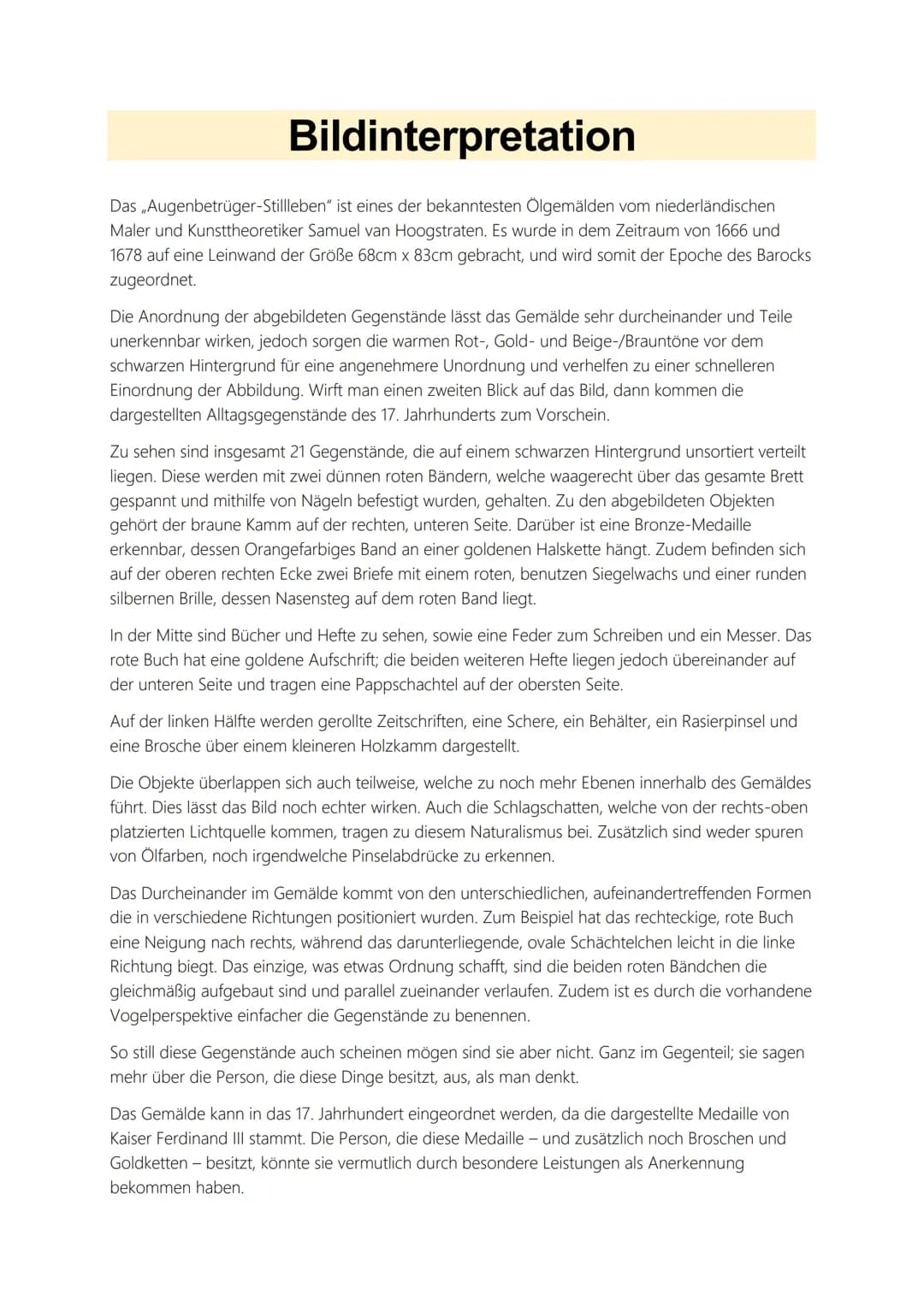 # Bildinterpretation
Das Augenbetrüger-Stillleben" ist eines der bekanntesten Ölgemälden vom niederländischen
Maler und Kunsttheoretiker Sa