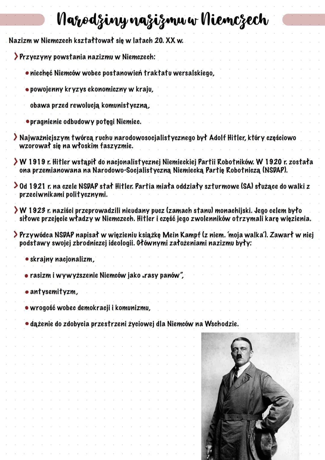<p>Narodziny nazizmu w Niemczech przypadły na czas istnienia Republiki Weimarskiej. Ideologia nazizmu opierała się na nacjonalizmie, antyse