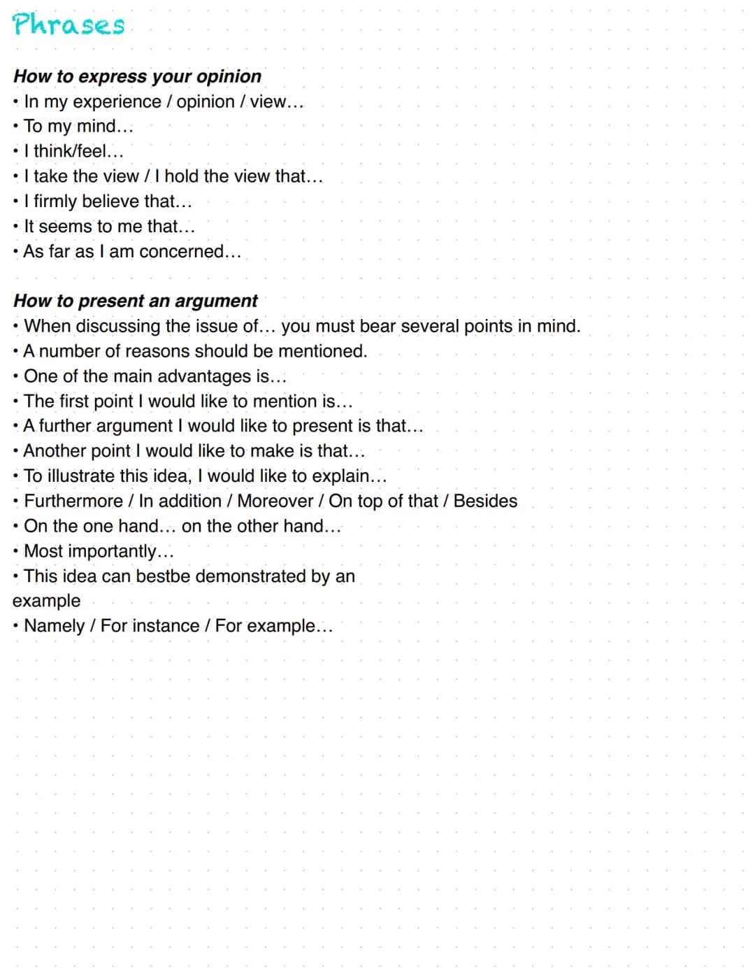 # Argumentative Essay English
Schritt 1)
Sammle Ideen, Notizen, Beispiele, Argumente, Erklärungen etc. und ordne sie in einer logischen Rei