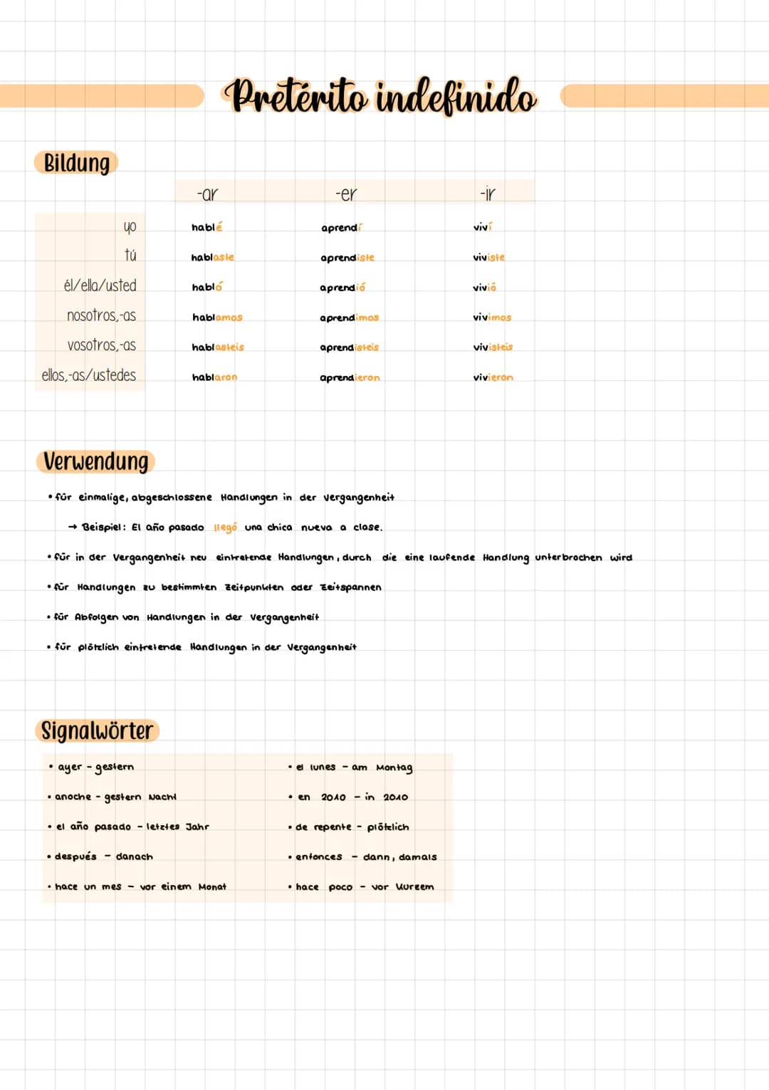 # Pretérito indefinido
Bildung
| | -ar | -er | -ir |
| :---------- | :-------- | :---------- | :-------- |
|