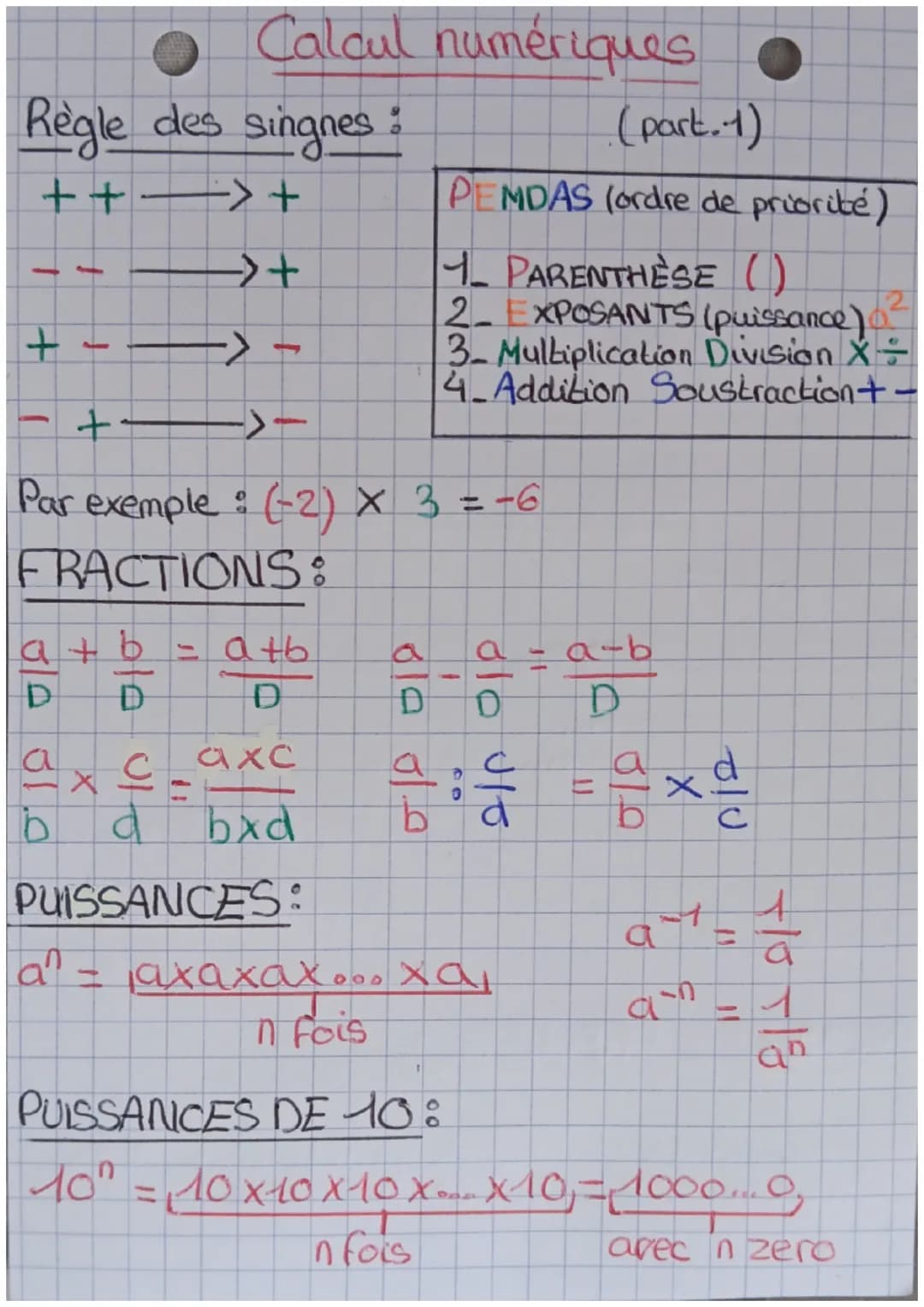 # Calcul numériques
Règle des singnes:
++ -> +
- - -> +
+ - -> -
- + -> -
(part.1)
PEMDAS (ordre de priorité)
1. PARENTHÈSE ()
2. E