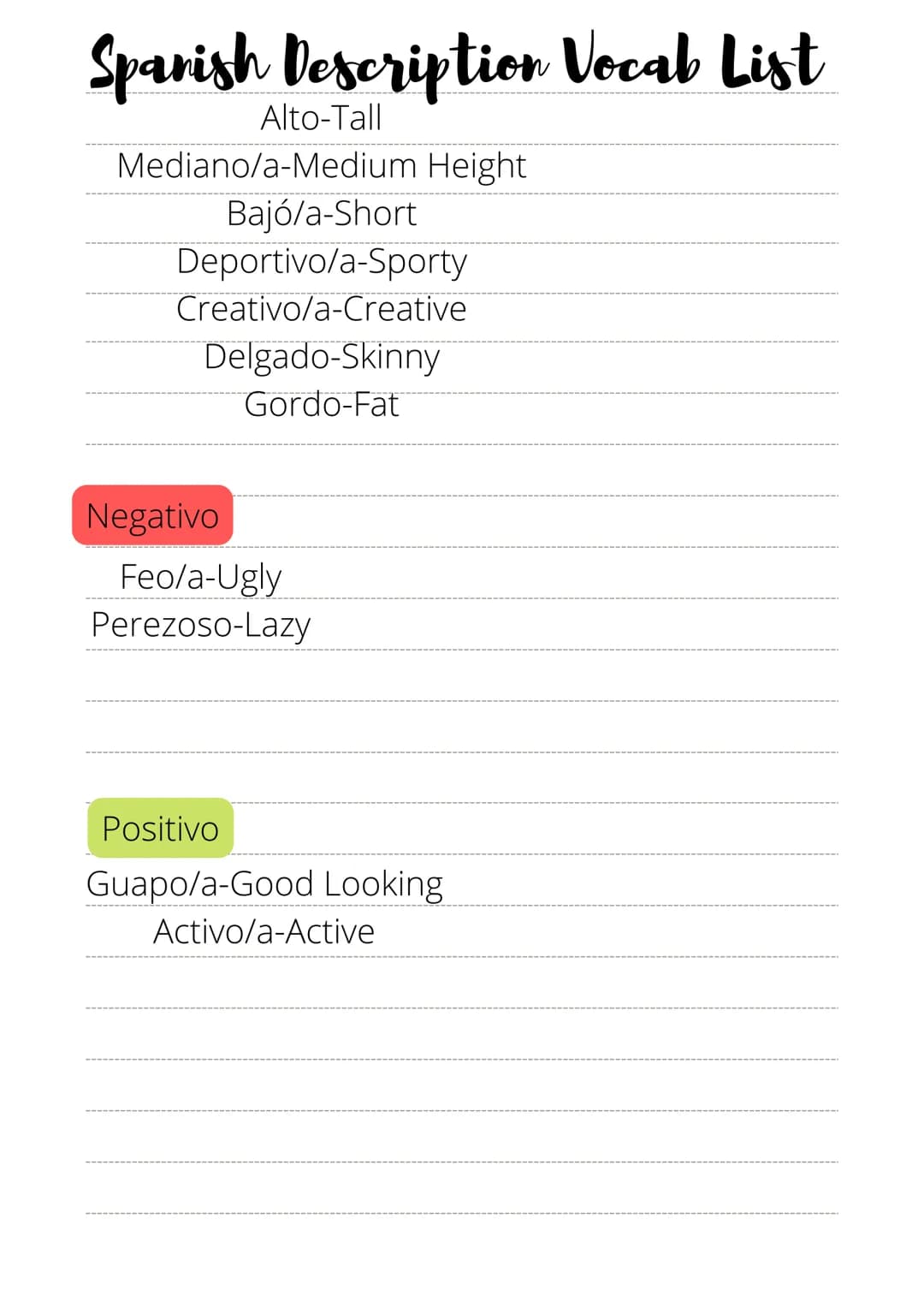 # Spanish Personality Vocab List
Positivo Adjectives
* Alegre-Happy
* Amable-Friendly
* Amistoso/a-Friendly
* Animado-Livley
* C