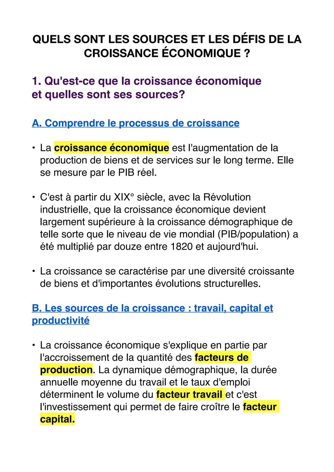 # QUELS SONT LES SOURCES ET LES DÉFIS DE LA
CROISSANCE ÉCONOMIQUE ?
1. Qu'est-ce que la croissance économique
et quelles sont ses sources?