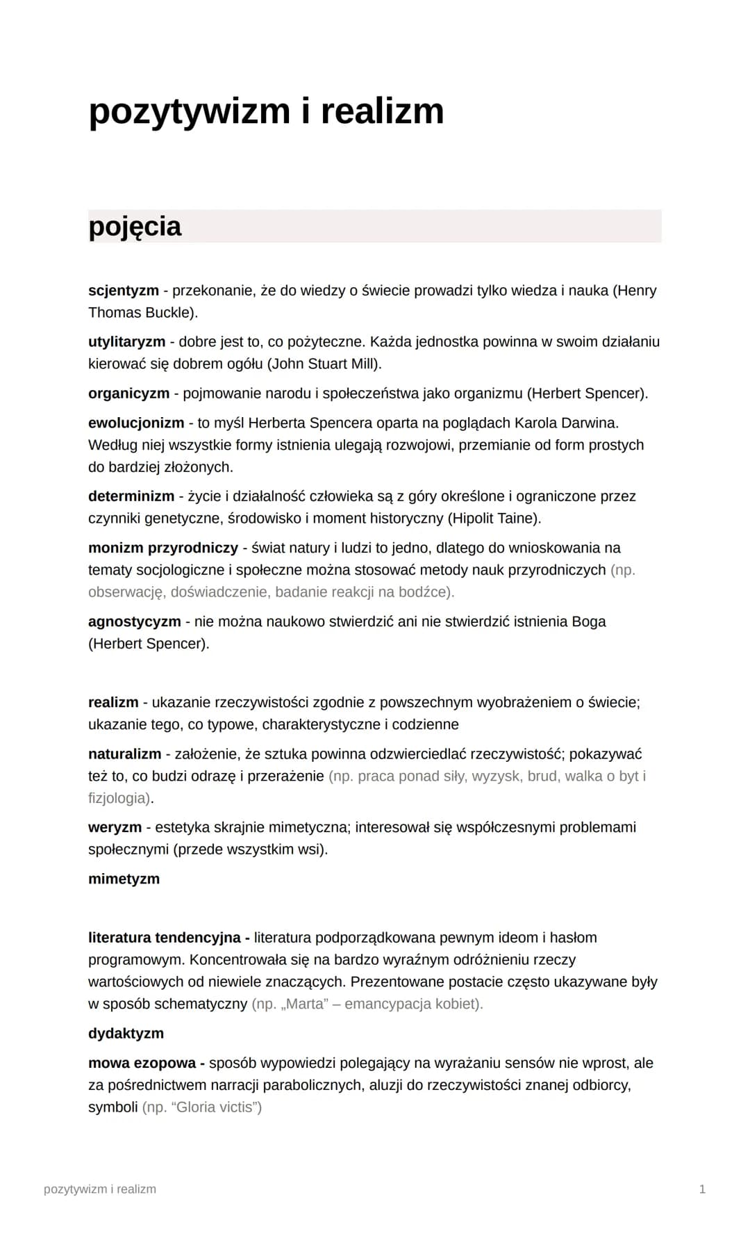 # pozytywizm i realizm
pojęcia
scjentyzm - przekonanie, że do wiedzy o świecie prowadzi tylko wiedza i nauka (Henry
Thomas Buckle).
utyli