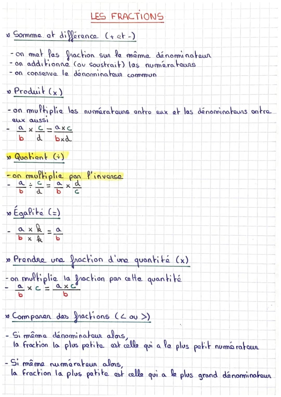# LES FRACTIONS
* Somme at différence (+et-)
-on met les fraction sur le même dénominateur
- on additionne (ou soustrait) las numérateurs