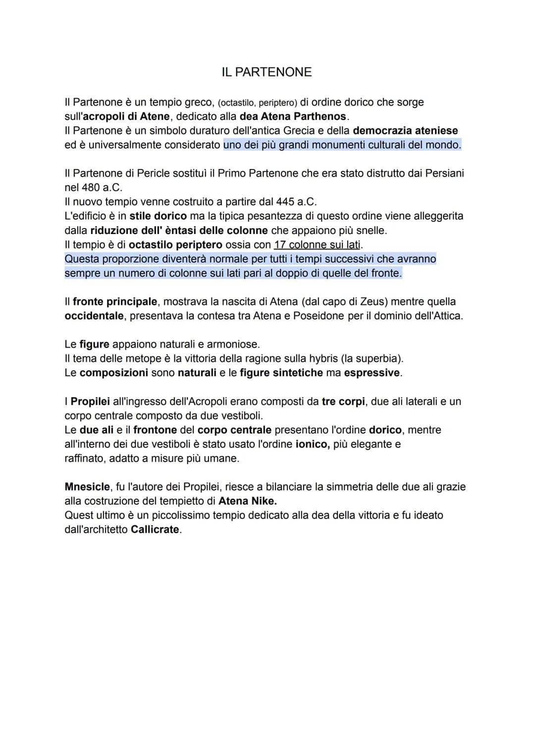 # IL PARTENONE
II Partenone è un tempio greco, (octastilo, periptero) di ordine dorico che sorge
sull'acropoli di Atene, dedicato alla dea