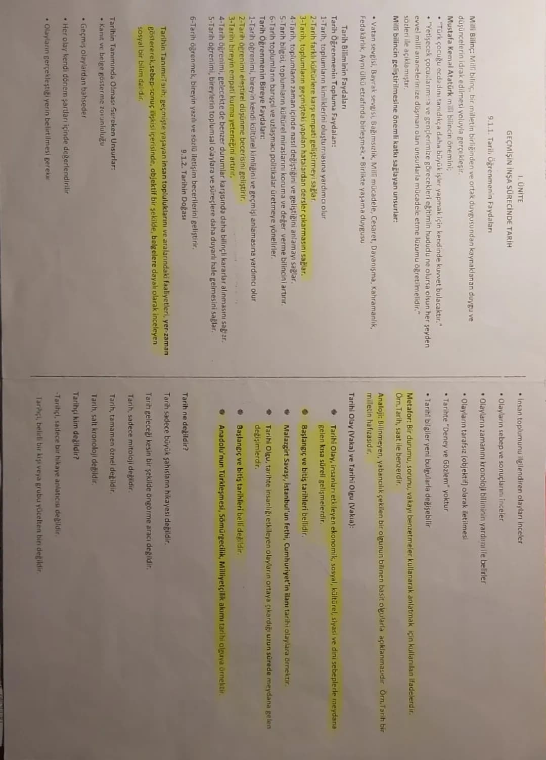 # 1. ÜNİTE
GEÇMİŞİN İNŞA SÜRECİNDE TARİH
9.1.1. Taril. Öğrenmenin Faydaları
Milli Bilinç: Milli bilinç, bir milletin birliğinden ve ortak