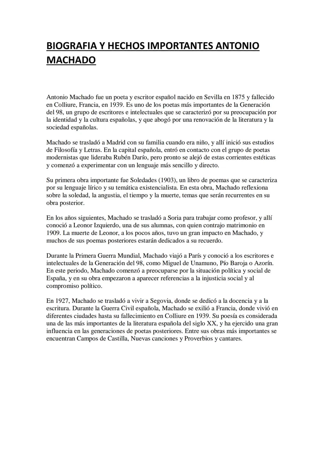 # BIOGRAFIA Y HECHOS IMPORTANTES ANTONΙΟ
MACHADO
Antonio Machado fue un poeta y escritor español nacido en Sevilla en 1875 y fallecido
en C