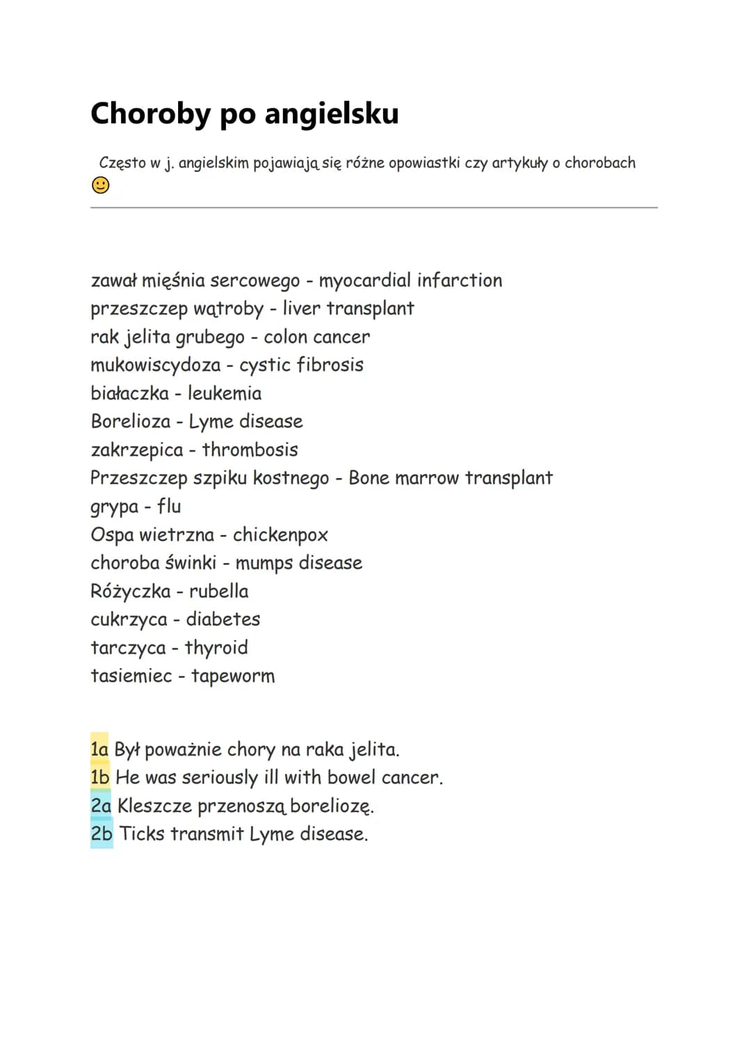 # Choroby po angielsku
Często w j. angielskim pojawiają się różne opowiastki czy artykuły o chorobach
zawał mięśnia sercowego - myocardial
