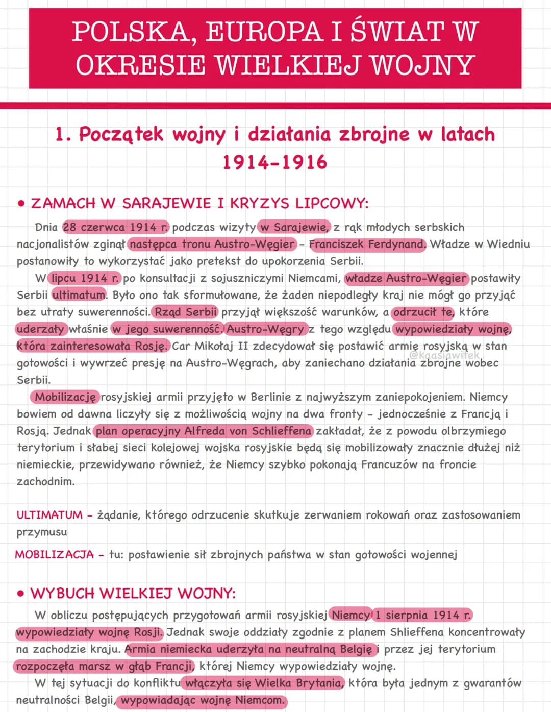 # POLSKA, EUROPA I ŚWIAT W
# OKRESIE WIELKIEJ WOJNY
1. Początek wojny i działania zbrojne w latach
1914-1916
* ZAMACH W SARAJEWIE I KRY
