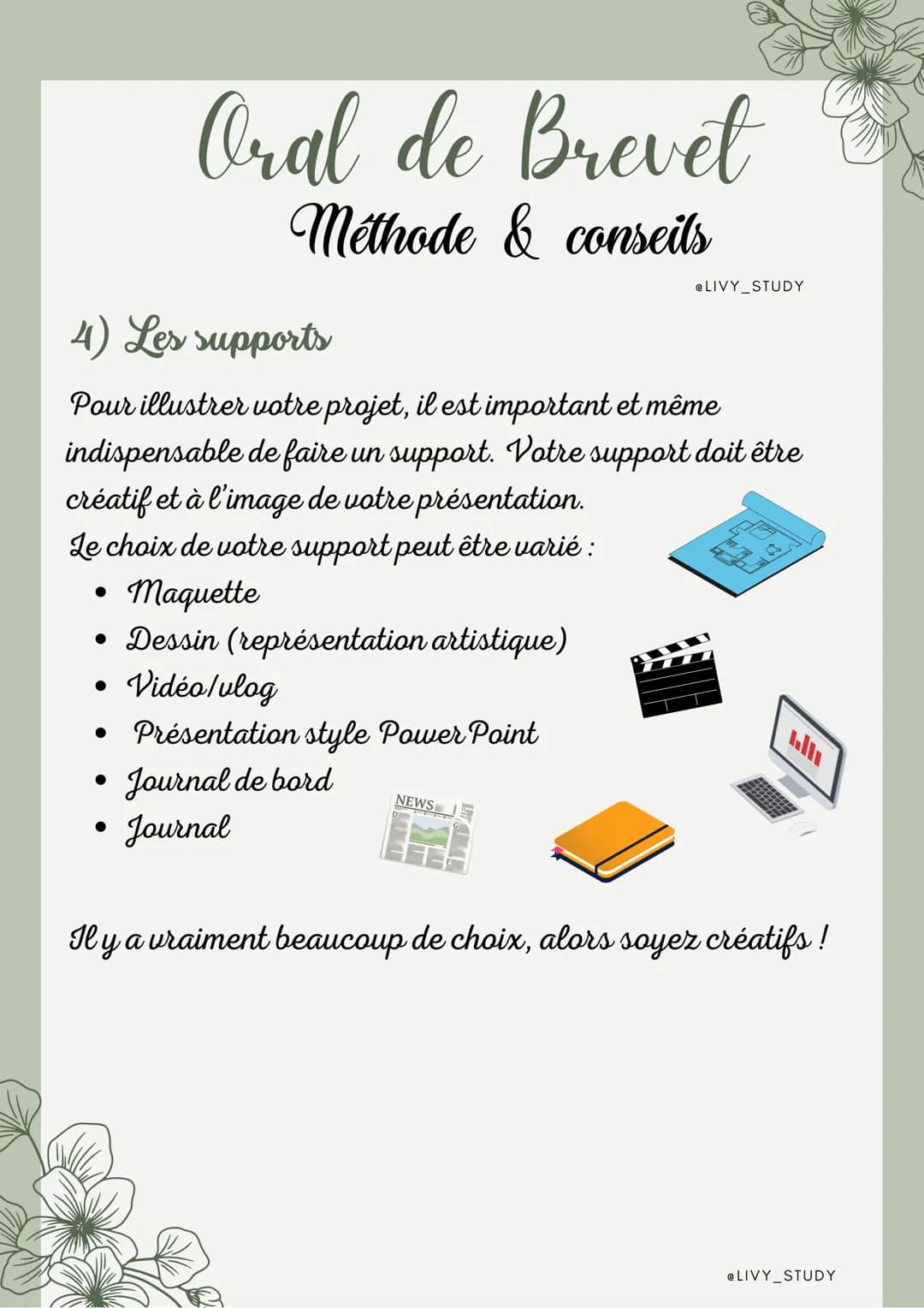 # Oral de Brevet
Méthode et conseils
1) De quoi s'agit-il?
@LIVY STUDY
* Individuellement : d'une épreuve
orale de 5 min et d'un entre