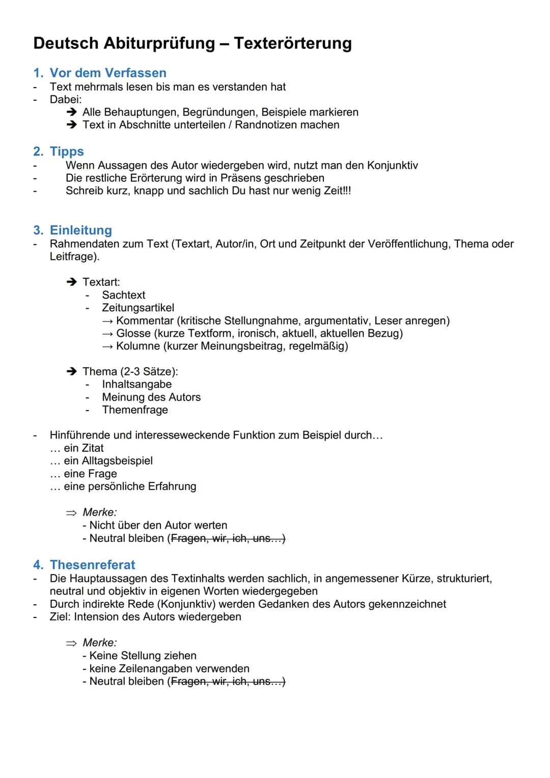 # Deutsch Abiturprüfung - Texterörterung
1. Vor dem Verfassen
- Text mehrmals lesen bis man es verstanden hat
- Dabei:
- → Alle Behauptu