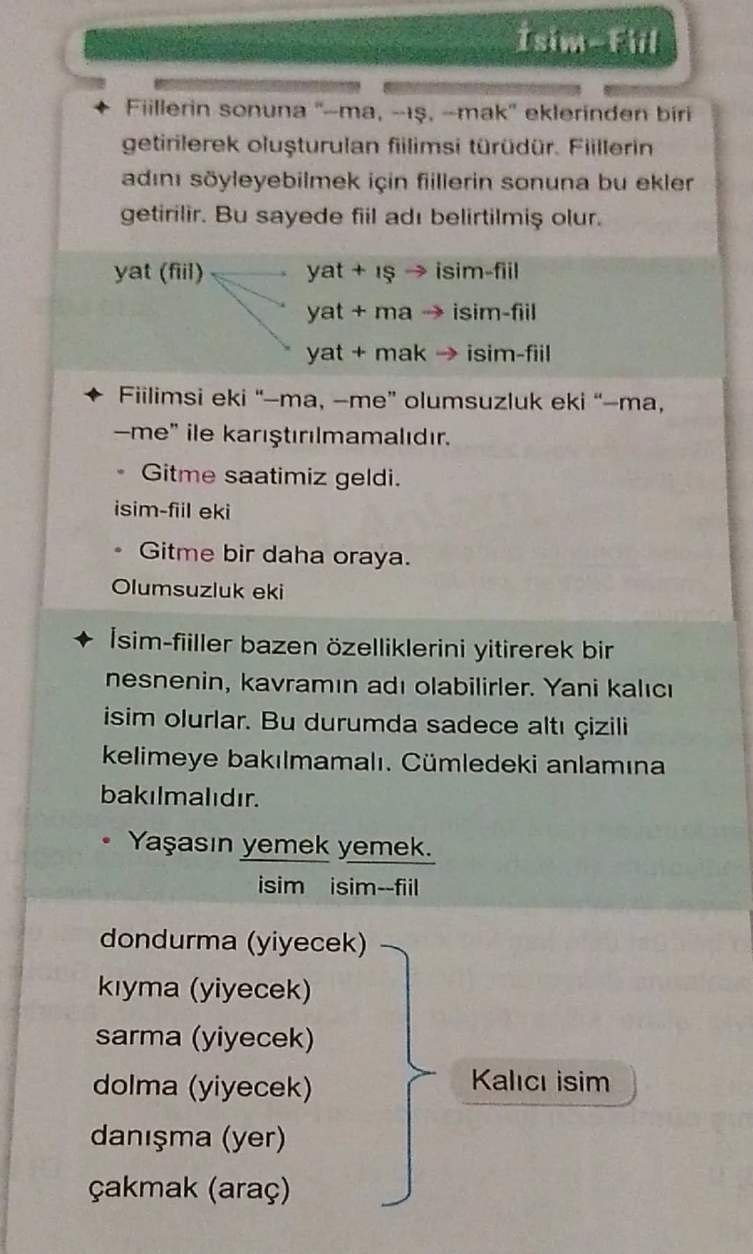 İsim-Fiil
◆ Fiillerin sonuna "-ma, -ış, mak" eklerinden biri
getirilerek oluşturulan fiilimsi türüdür. Fiillerin
adını söyleyebilmek için f