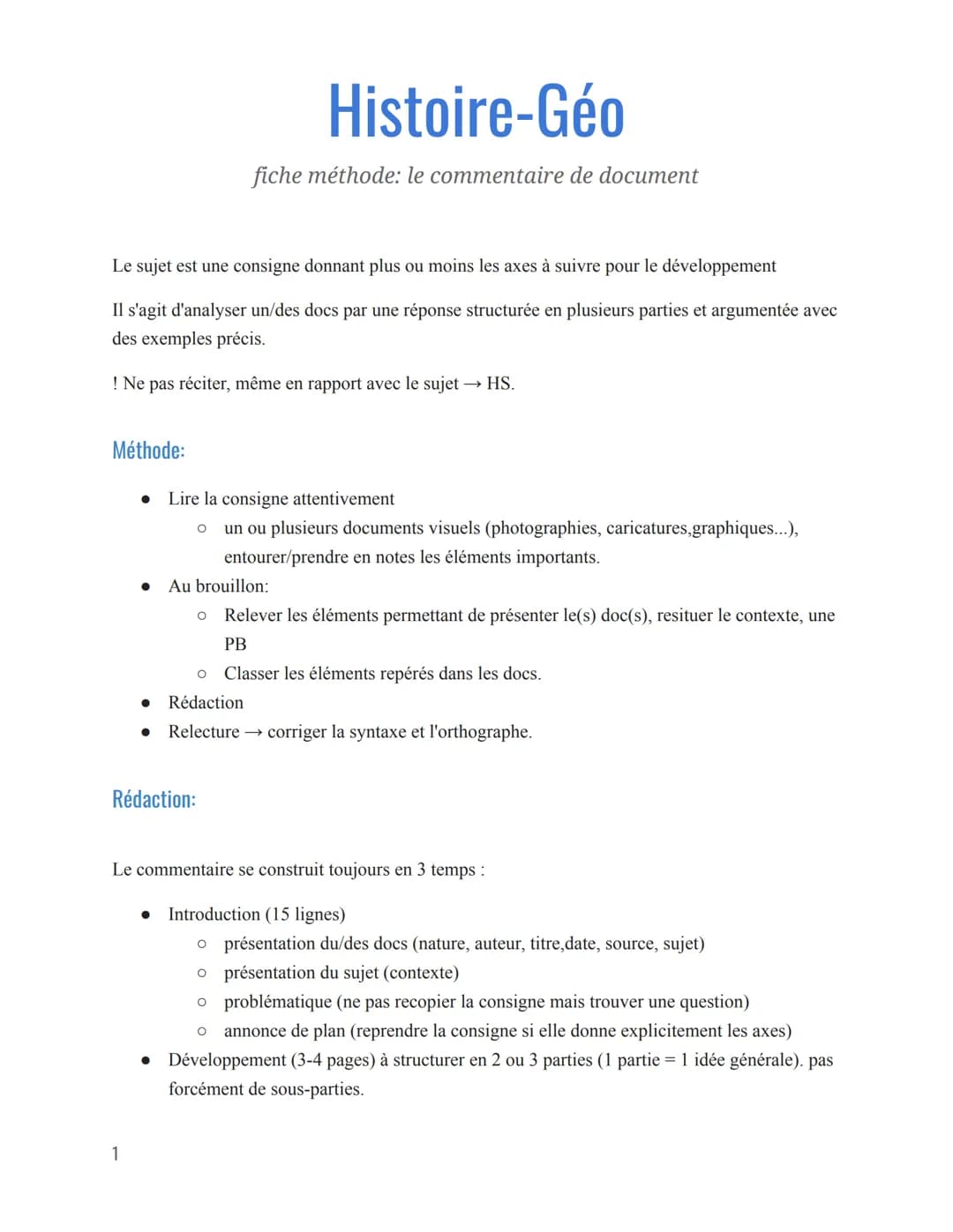 # Histoire-Géo
fiche méthode: le commentaire de document
Le sujet est une consigne donnant plus ou moins les axes à suivre pour le dévelop