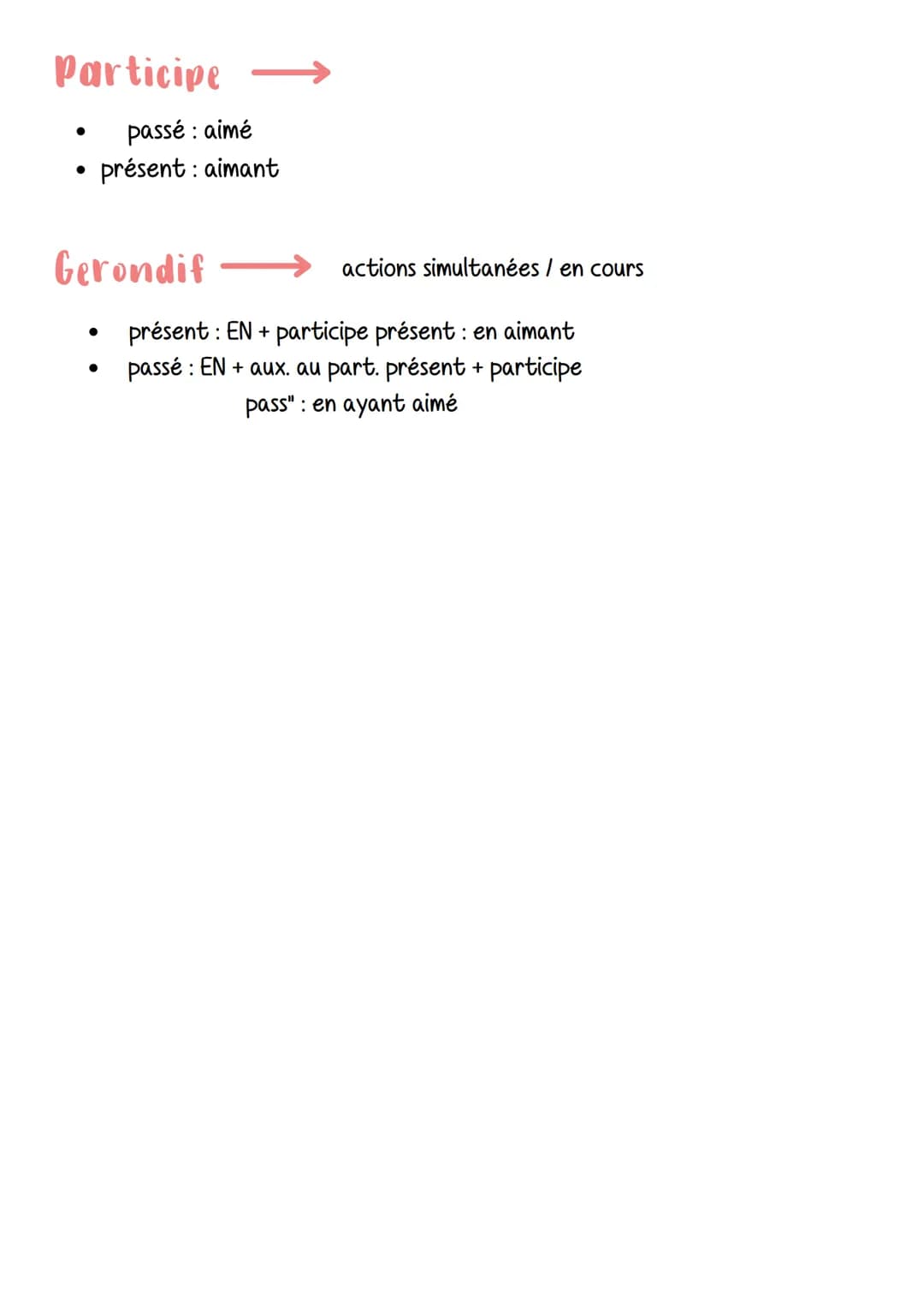 4 modes personnels
Indicatif $\longrightarrow$ situer les actions dans le temps
Français 7 modes de conjugaison
4 temps simples /
- prése