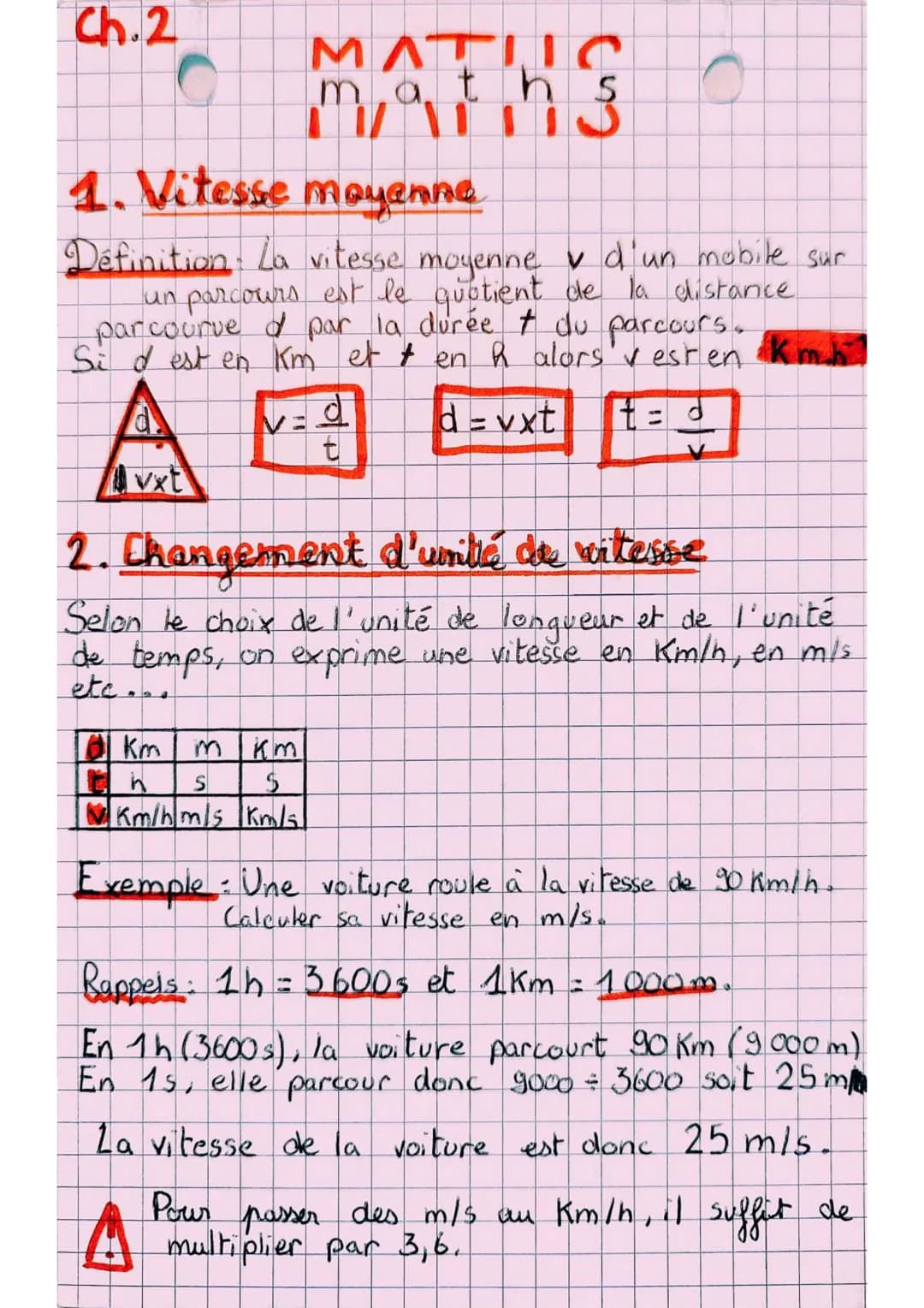 Ch.2
mains
MATIC
maths
1. Vitesse moyenne
Définition La vitesse moyenne v d'un mobile sur
un parcours est le quotient de la distance.
par