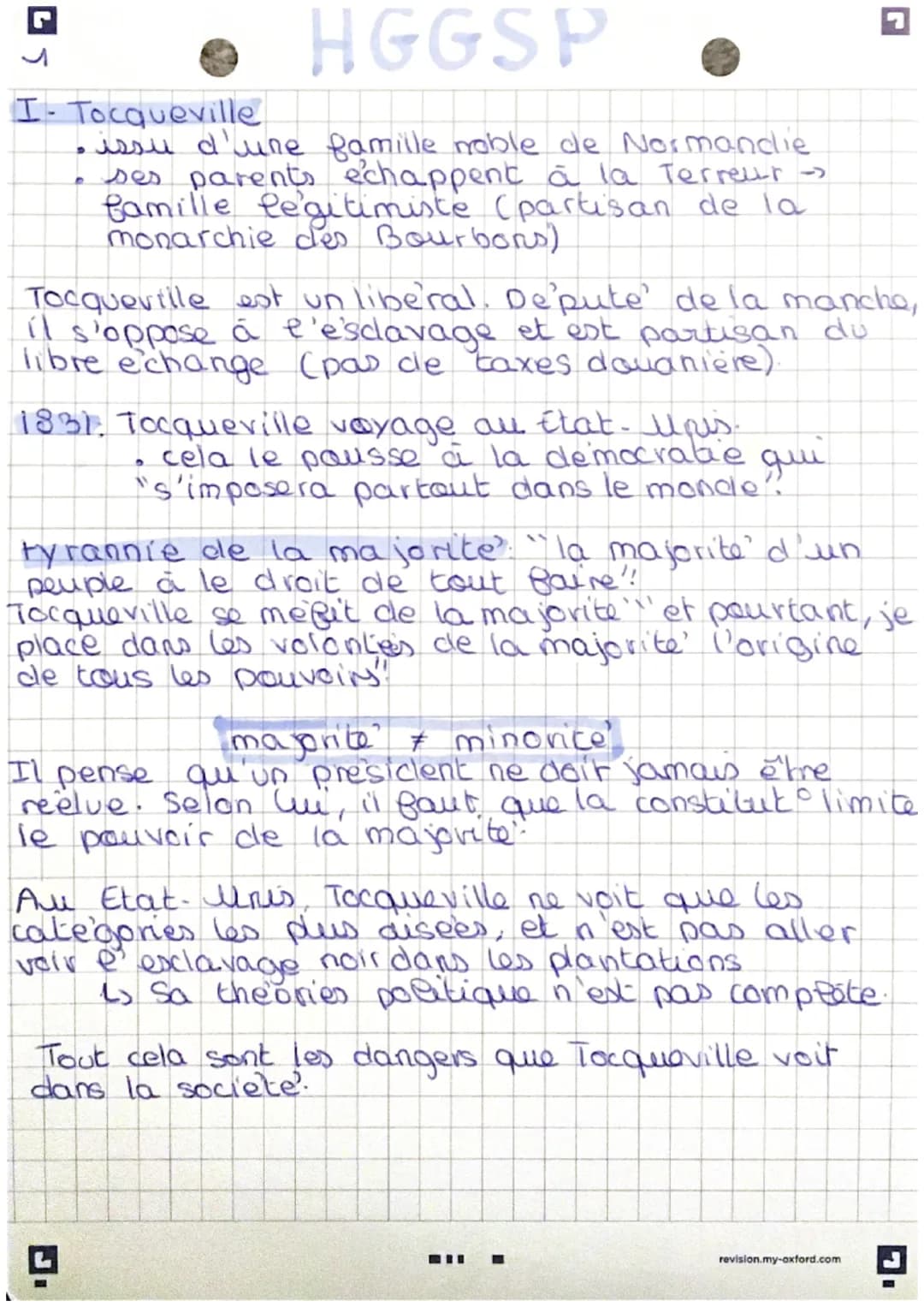 HGGSP
I-Tocqueville
• issu d'une famille noble de Normandie
• ses parents échappent à la Terreur
famille legitimiste (partisan de la
monarc