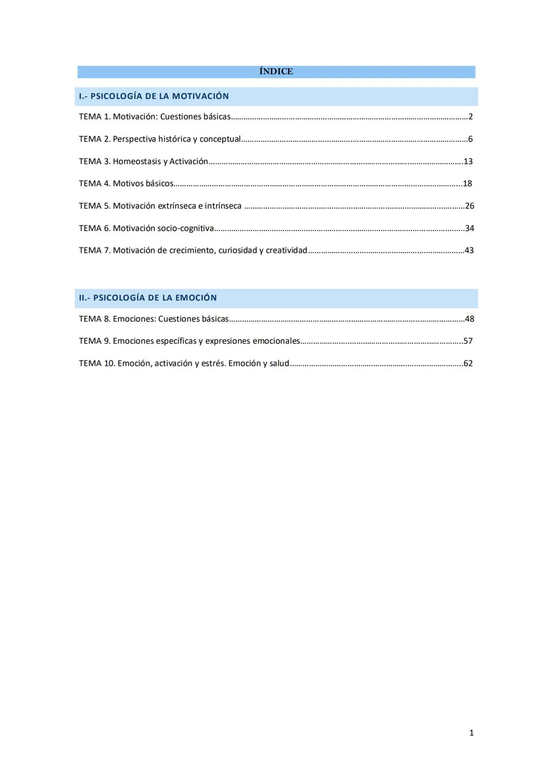 Psicologia de la
Motivacion y la
Emocion ÍNDICE
I.- PSICOLOGÍA DE LA MOTIVACIÓN
TEMA 1. Motivación: Cuestiones básicas....................