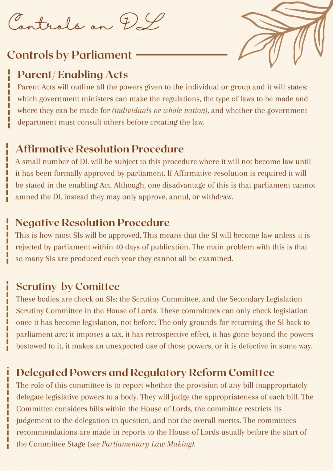 <p>Delegated Legislation is law made by some person or body other than Parliament, but with the authority of Parliament. This authority is