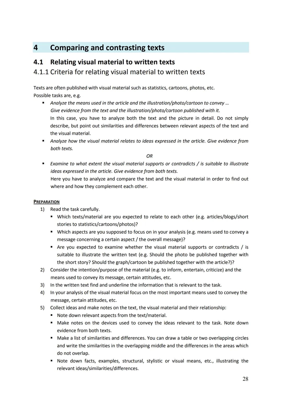 # 4 Comparing and contrasting texts
## 4.1 Relating visual material to written texts
### 4.1.1 Criteria for relating visual material to wr