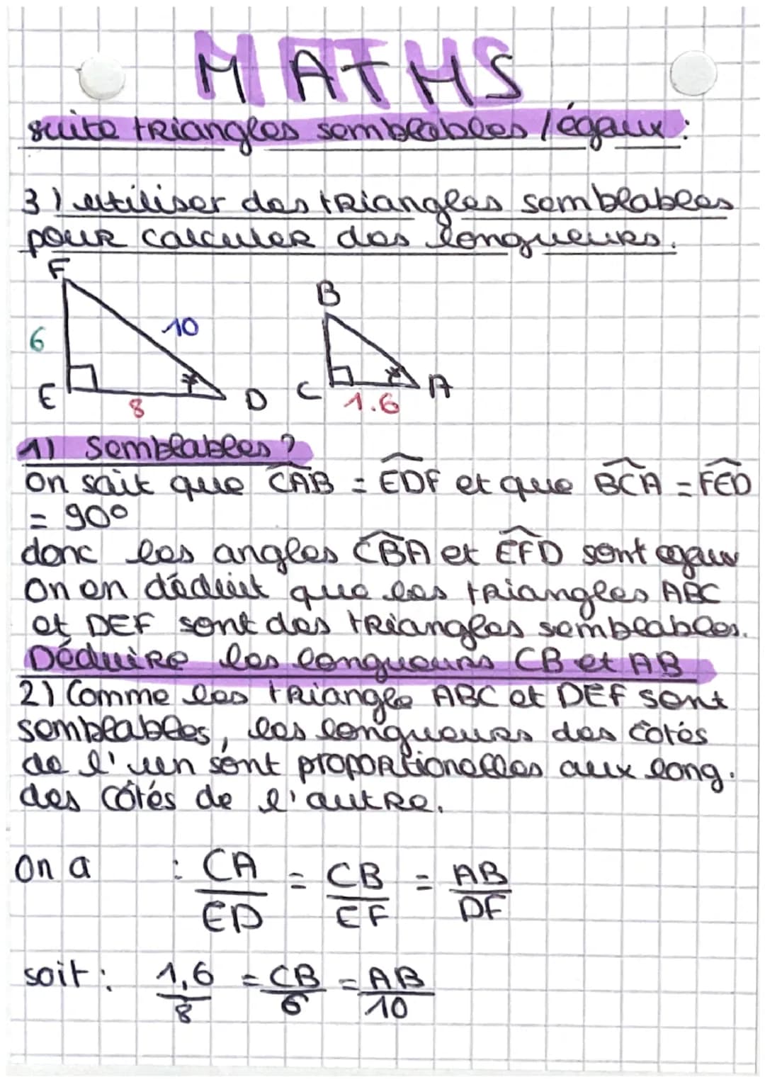 dans
ea PRATIQUE:
POUR Mentrer que deur triangles sont
semblables, il selffit de s'assurer que 2
couples d'angios sont égaux 202.
En effet,