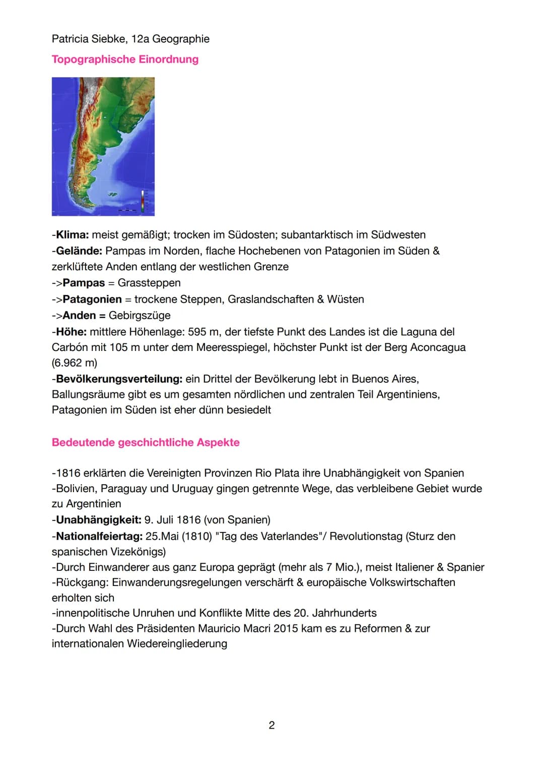 Patricia Siebke, 12a Geographie
Klausurersatzleistung - Länderportrait von Argentinien
Grundlegende Landesinformationen
Ländername: Repúb