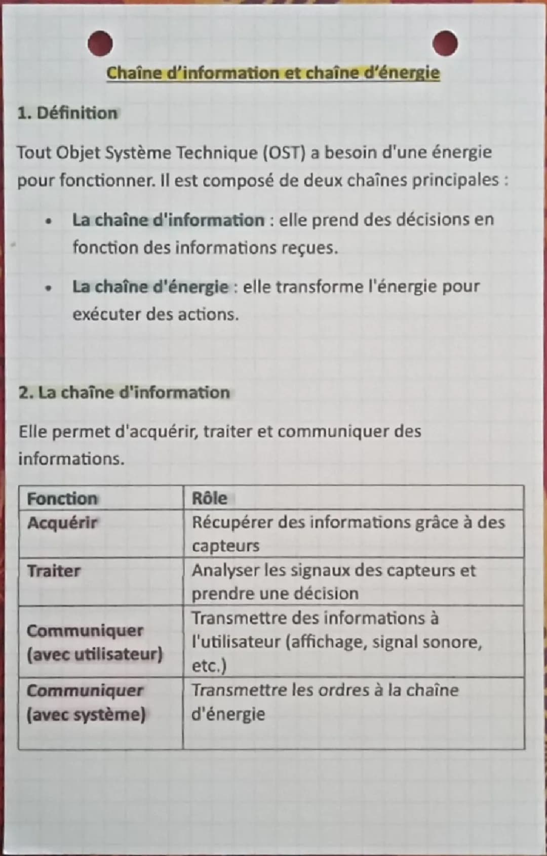 # Chaîne d'information et chaîne d'énergie
1. Définition
Tout Objet Système Technique (OST) a besoin d'une énergie
pour fonctionner. Il es