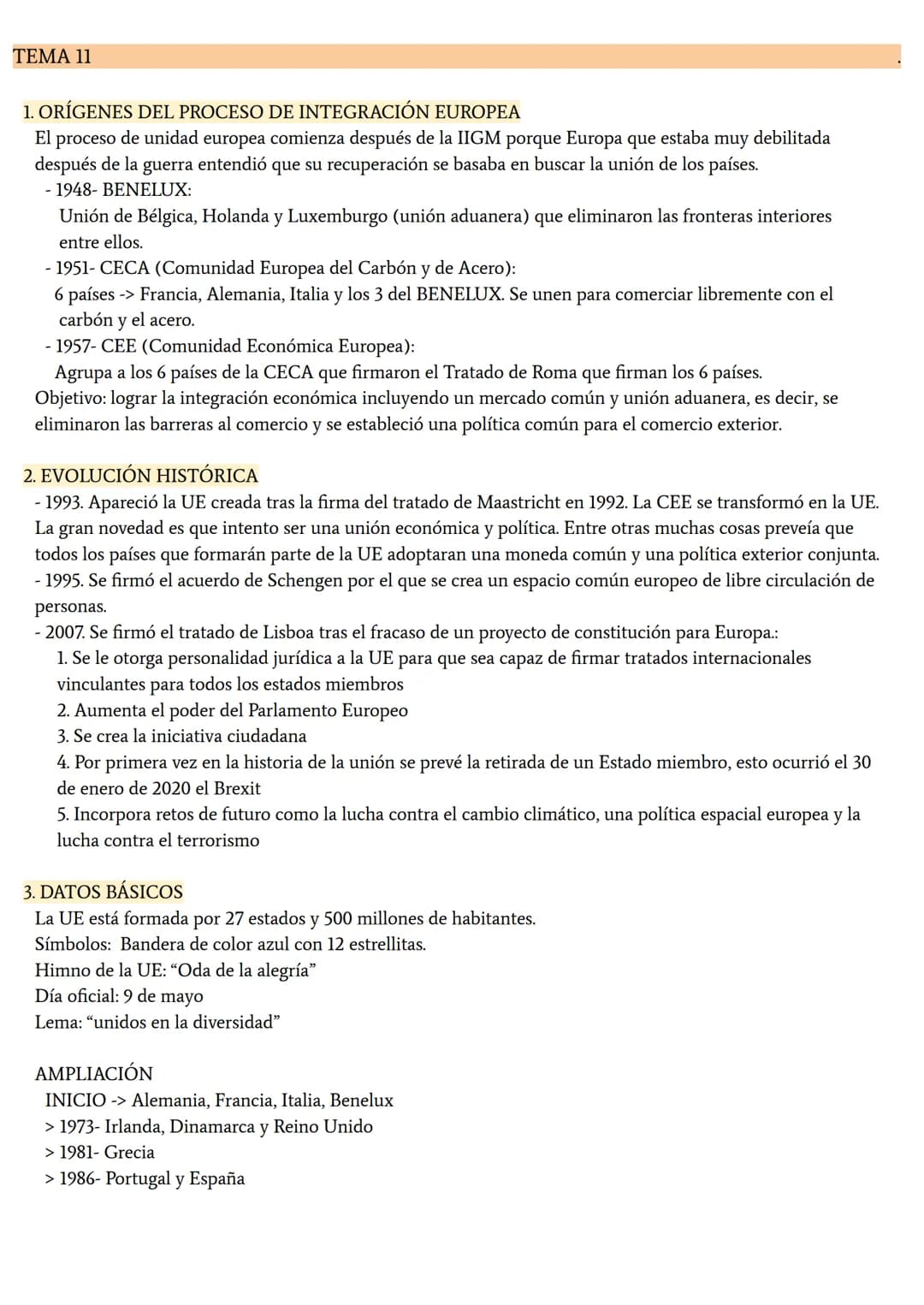 TEMA 11
1. ORÍGENES DEL PROCESO DE INTEGRACIÓN EUROPEA
El proceso de unidad europea comienza después de la IIGM porque Europa que estaba mu