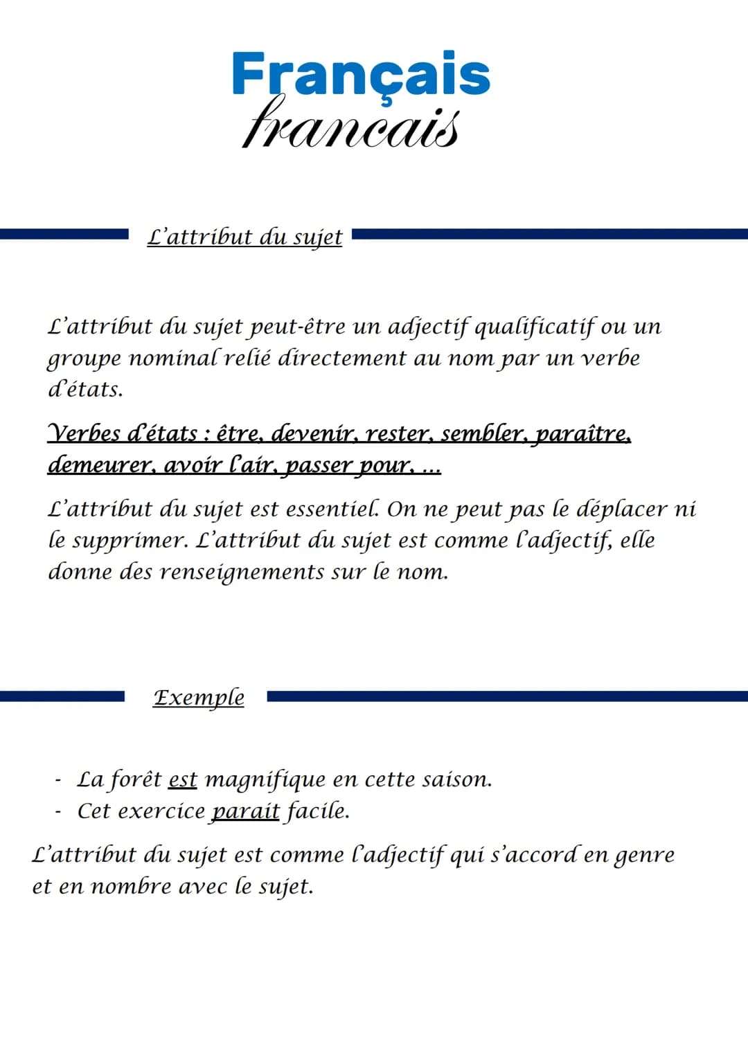 # Français
francais
L'attribut du sujet
L'attribut du sujet peut-être un adjectif qualificatif ou un
groupe nominal relié directement au n