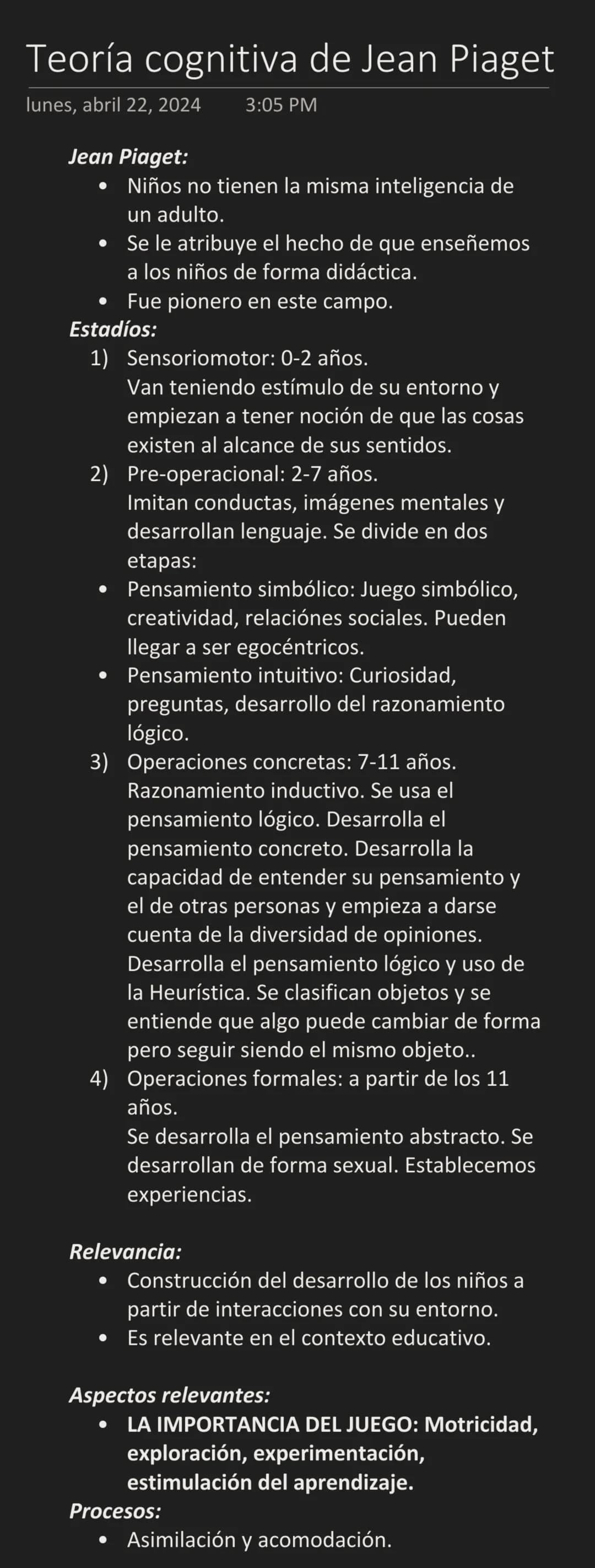 # Teoría cognitiva de Jean Piaget
lunes, abril 22, 2024 3:05 PM
Jean Piaget:
- Niños no tienen la misma inteligencia de
un adulto.
- Se