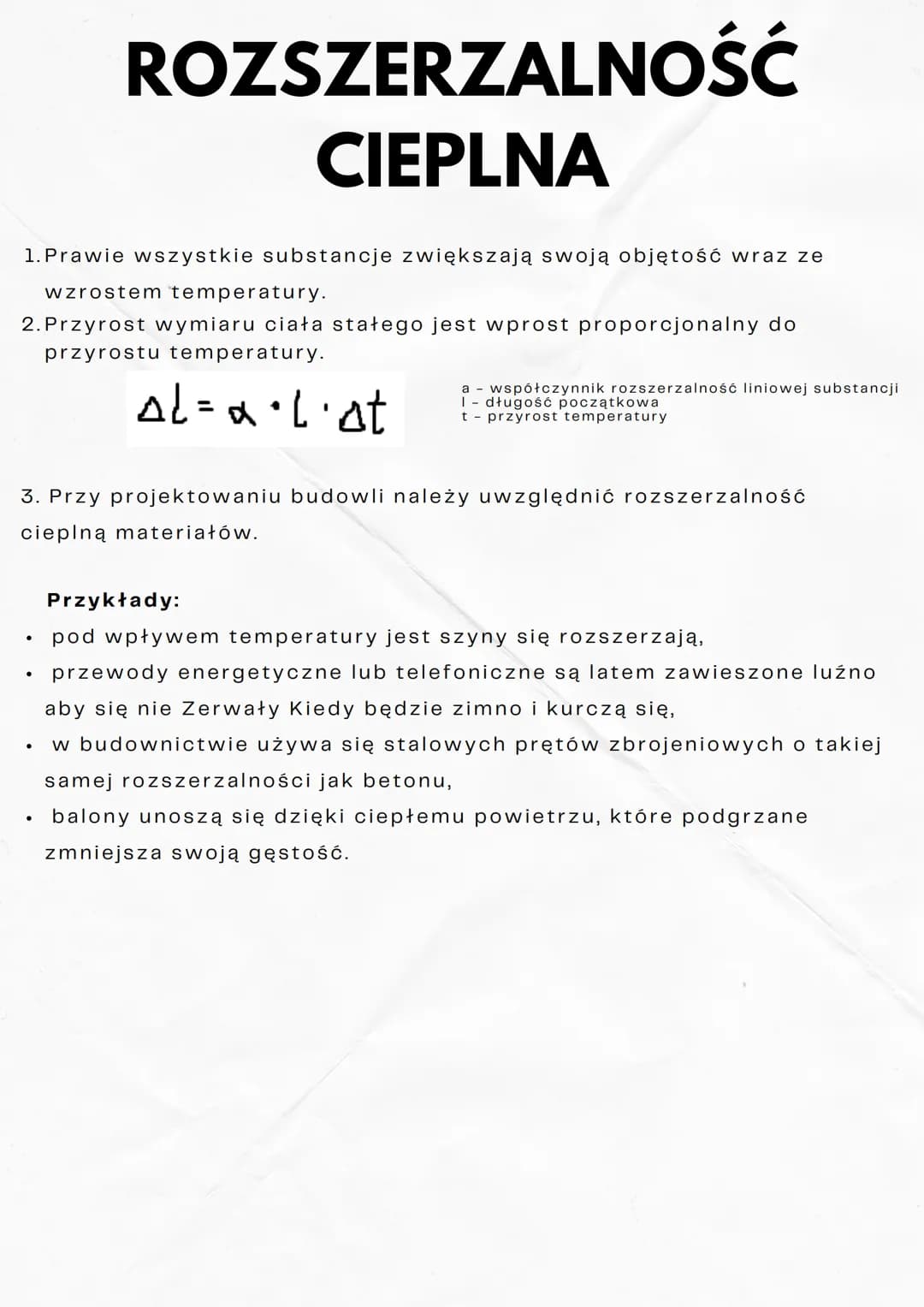 # ROZSZERZALNOŚĆ
# CIEPLNA
1. Prawie wszystkie substancje zwiększają swoją objętość wraz ze
wzrostem temperatury.
2. Przyrost wymiaru ciała