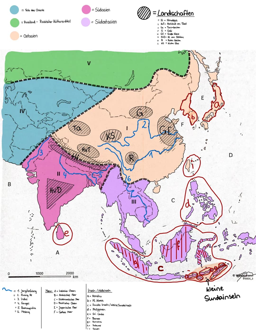 - Teile des Orients
- Russland Russischer Kulturerdteil
- Ostasien
- Südasien
- Südostasien
= Landschaften
- Hi - Himalaya
- HUT Hochland v