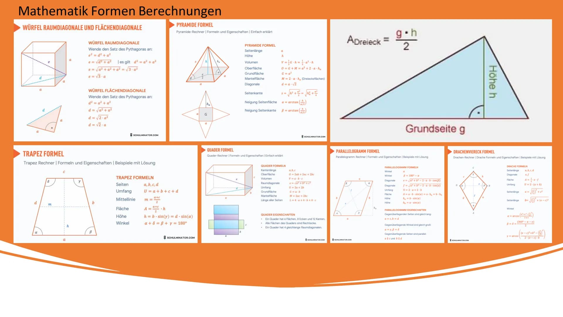 # Mathematik Formen Berechnungen
WÜRFEL RAUMDIAGONALE UND FLÄCHENDIAGONALE
d
α
WÜRFEL RAUMDIAGONALE
Wende den Satz des Pythagoras an:
$e²