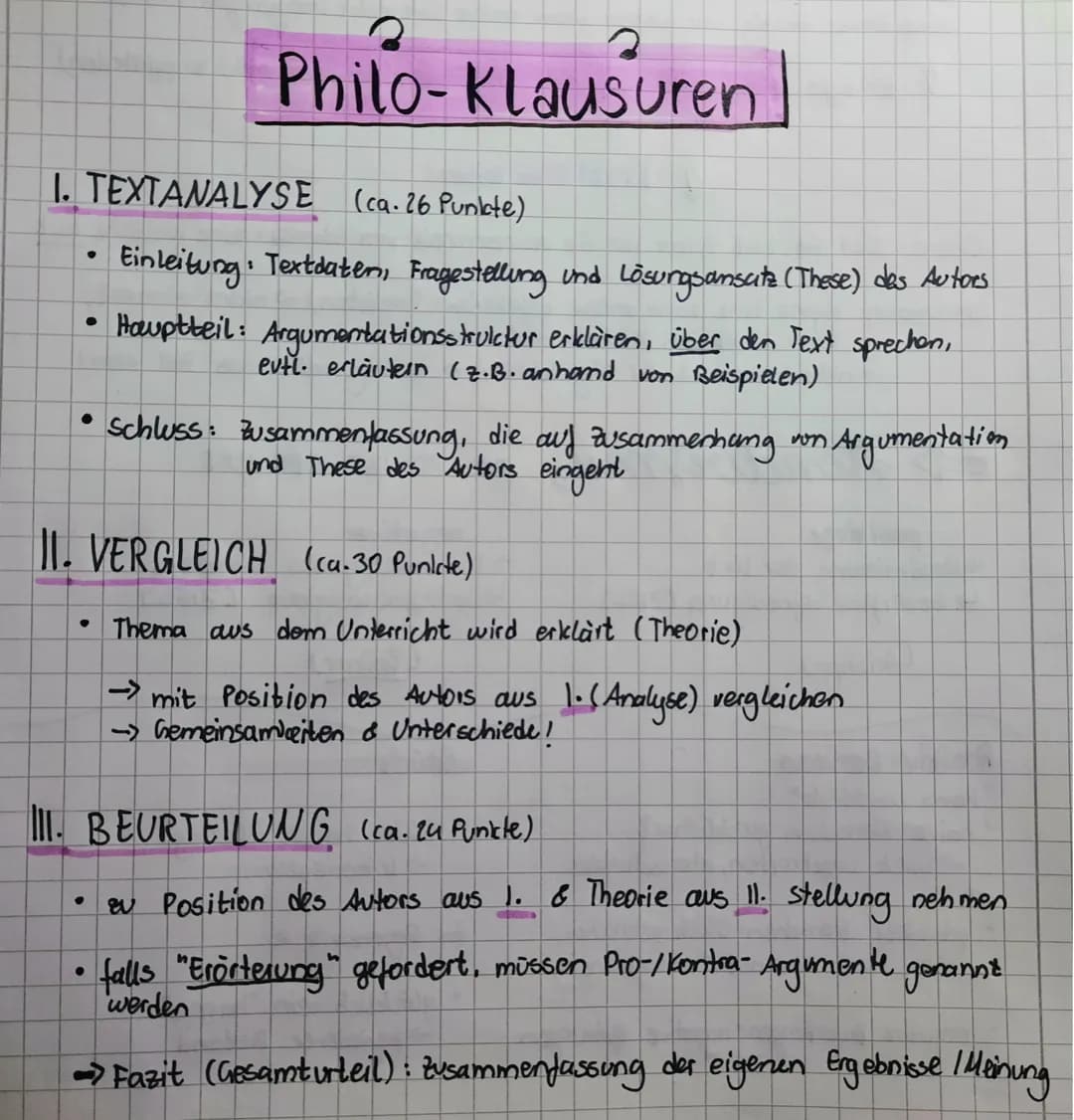 # Philo-Klausuren
I. TEXTANALYSE (ca. 26 Punkte)
• Einleitung: Textdaten, Fragestellung und Lösungsansata (These) des Autors
• Hauptteil: