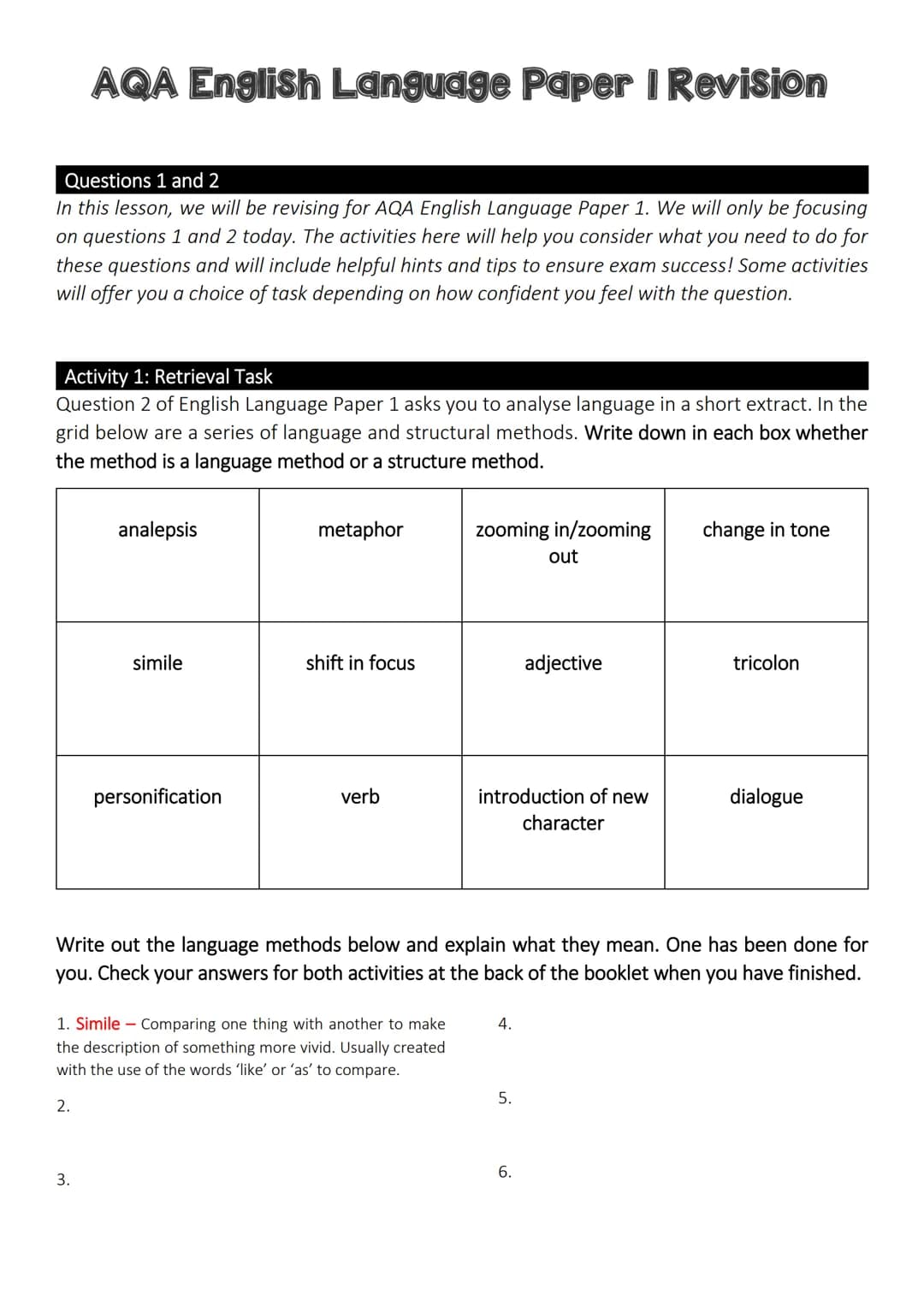 # AQA English Language Paper | Revision
Questions 1 and 2
In this lesson, we will be revising for AQA English Language Paper 1. We will on